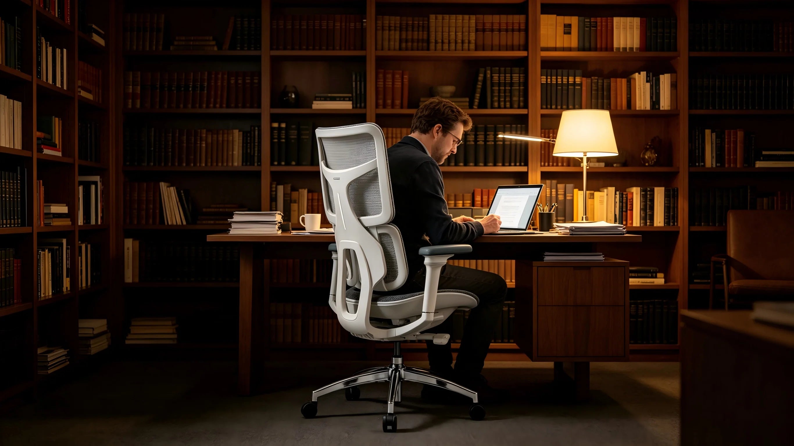 Rear view showing the industrial design and breathable mesh of the ergonomic computer chair by Ergo Select.