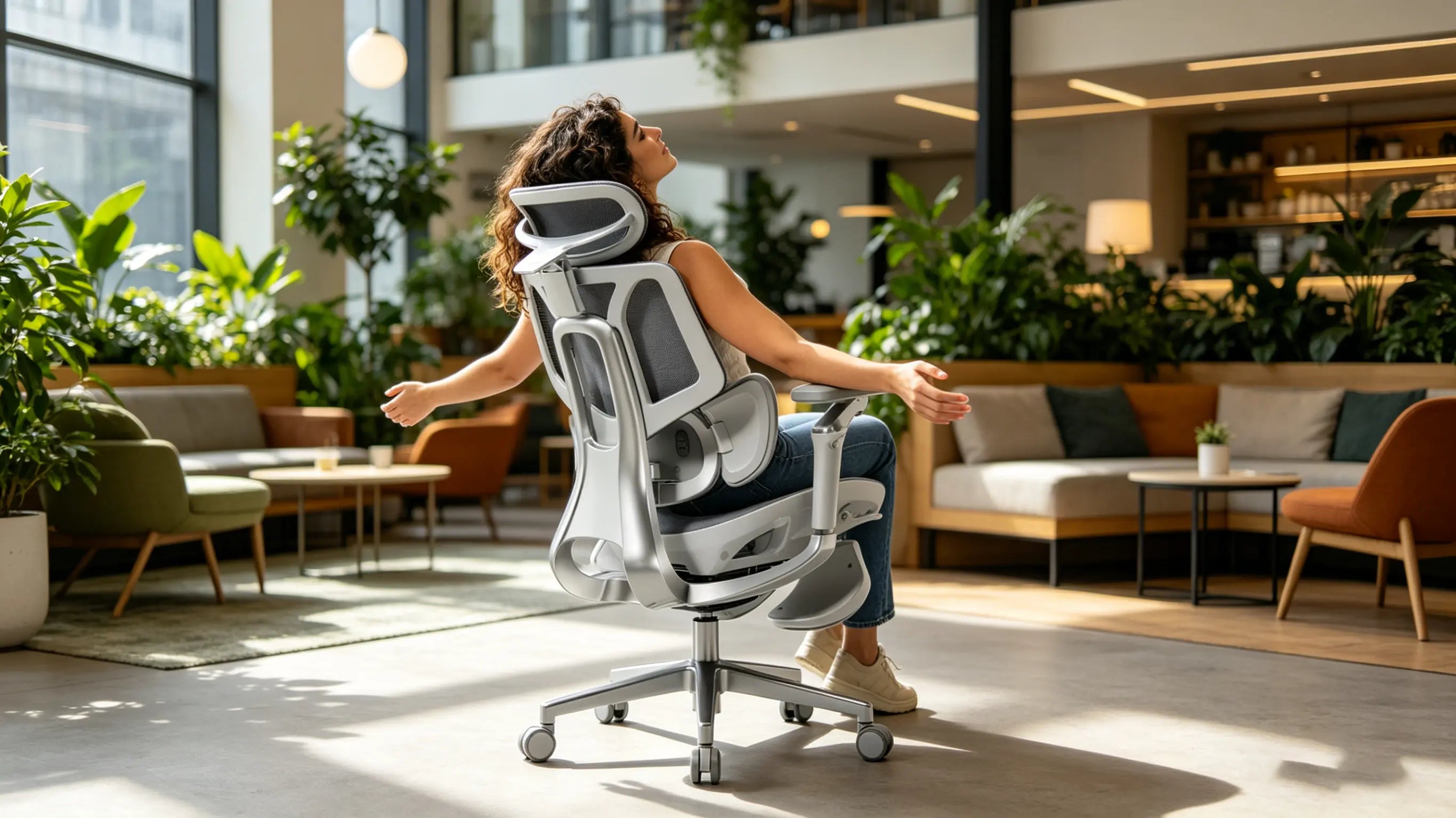 Soporte lumbar dinámico adaptado a la espalda de una mujer en su silla de escritorio ergonómica