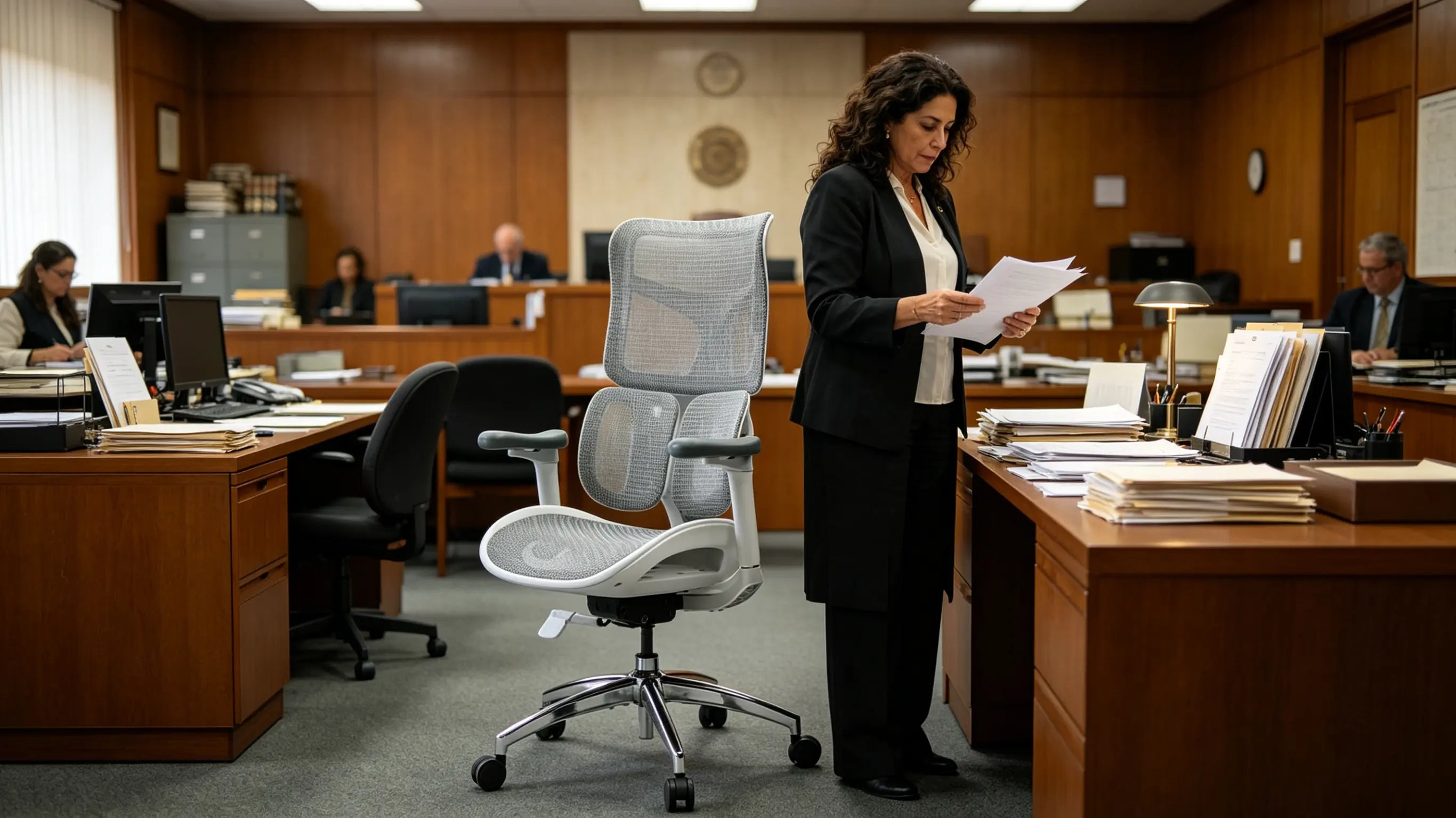 Claudia analizando documentos legales sentada en su silla de escritorio ergonómica de Ergo Select en Granada