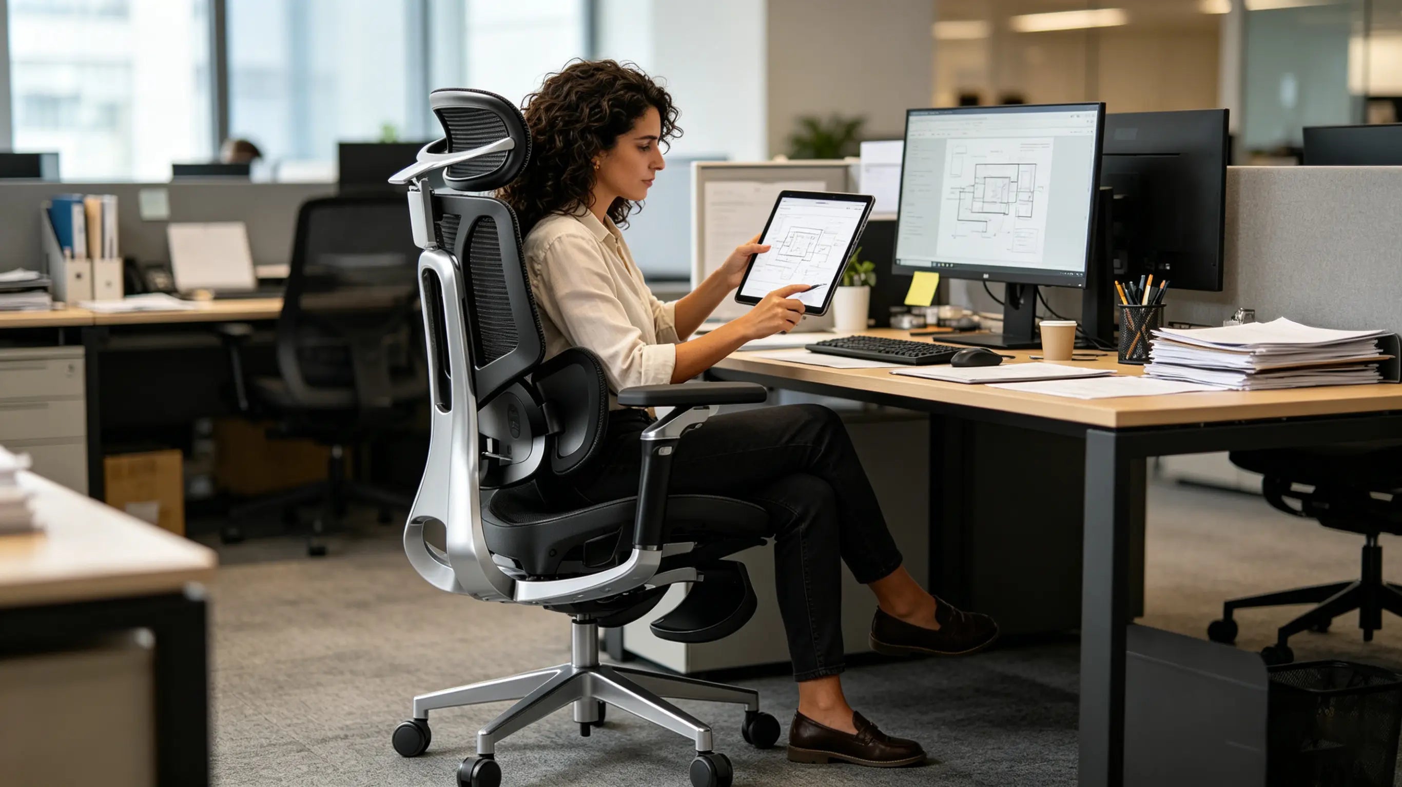 Mecanismo de reclinación sincronizada para descanso activo en la silla de escritorio ergonómica.