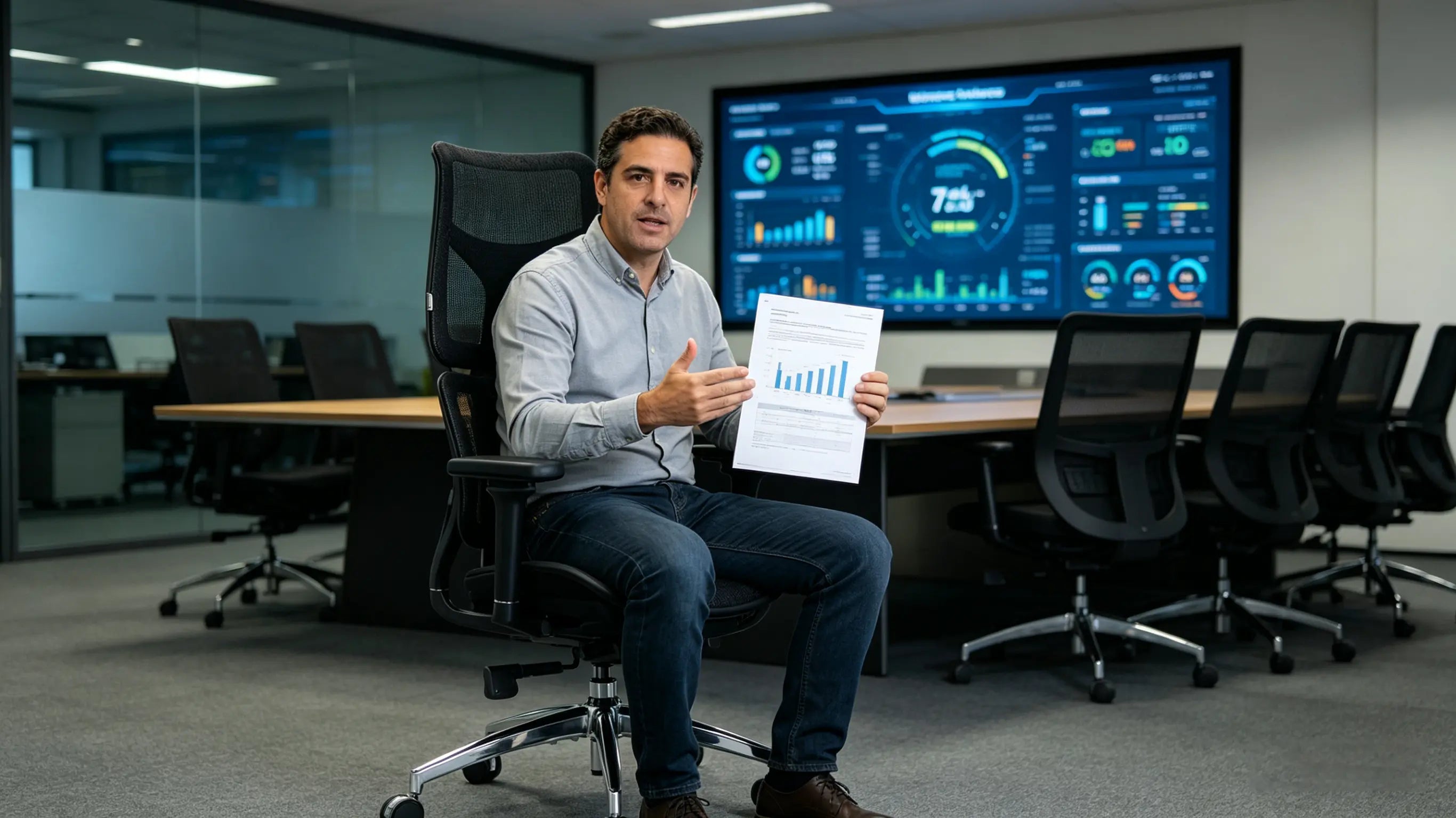 Andrés redactando informes técnicos en su silla de oficina comoda de Ergo Select en Bilbao