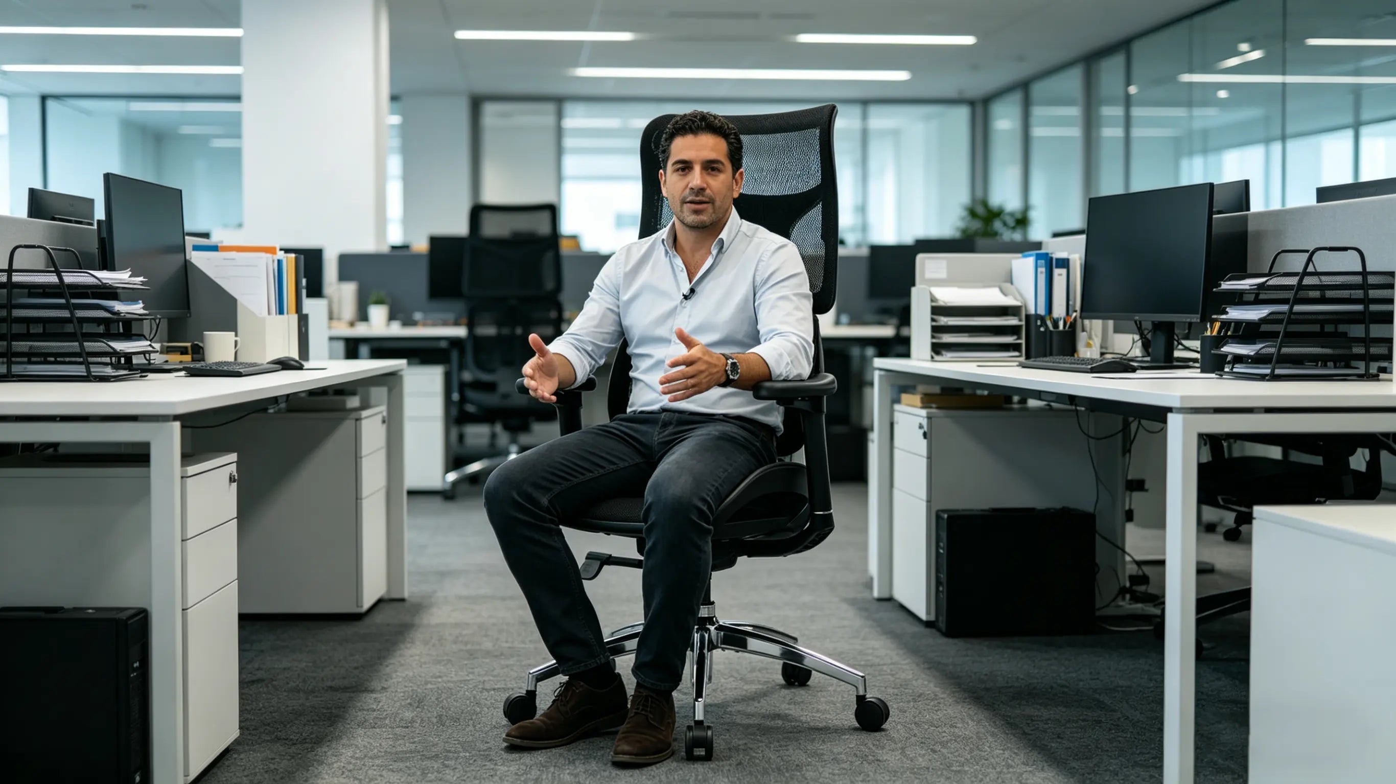 Diego analizando el retorno de inversión al equipar su oficina en Madrid con sillas de calidad profesional
