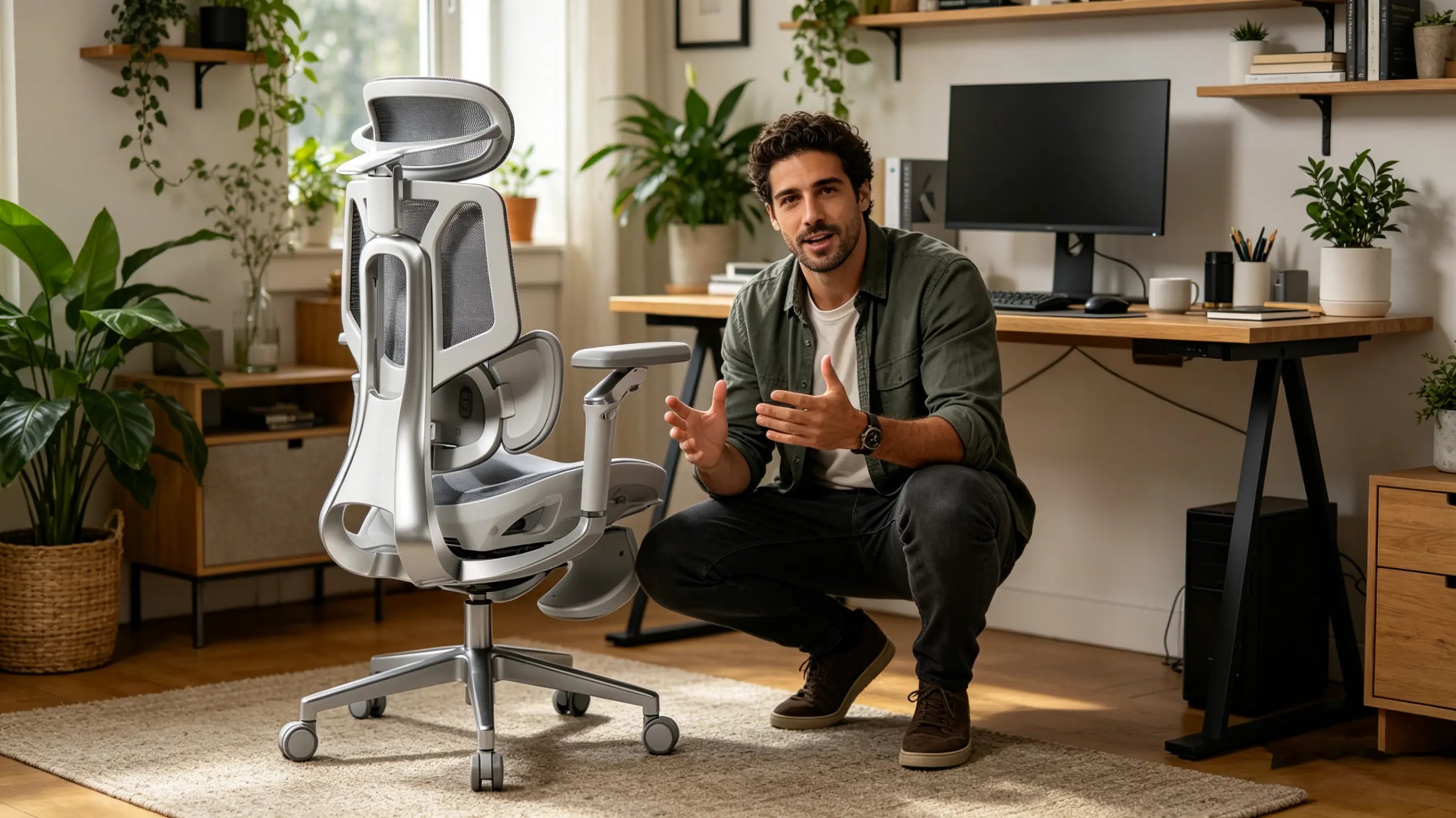 Configuración de teletrabajo con una silla de oficina ergonómica Ergo Select blanca.