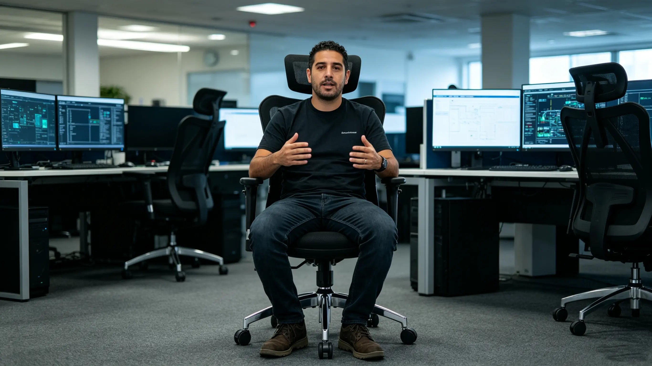Mateo, ingeniero de software de 35 años, depurando algoritmos de conducción autónoma sentado en su silla ergonómica de oficina Ergo Select en Barcelona.
