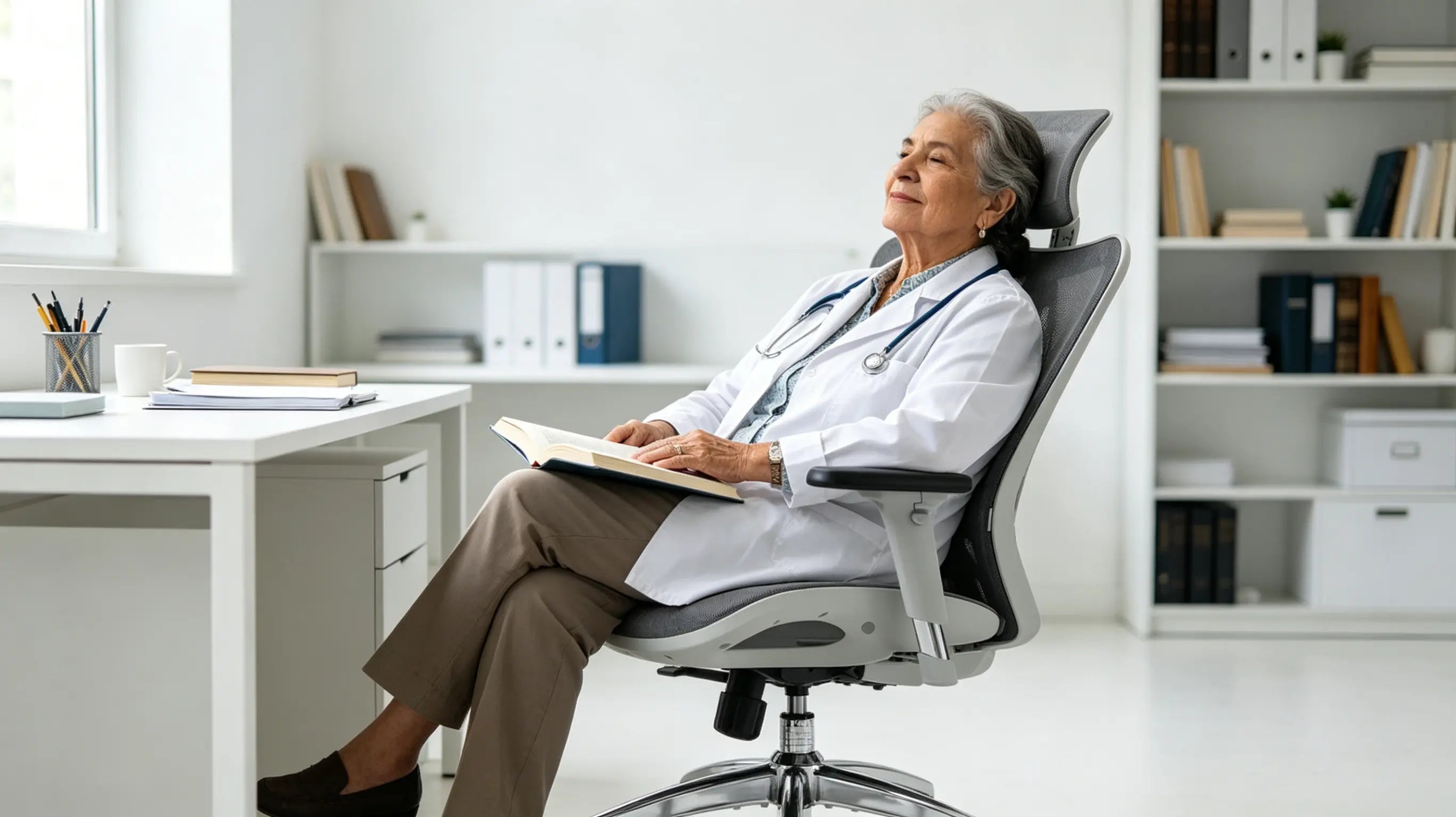 La doctora Carmen, escritora e ilustradora de 76 años, revisando manuscritos médicos en su silla ergonómica de oficina Ergo Select en su estudio de Madrid.