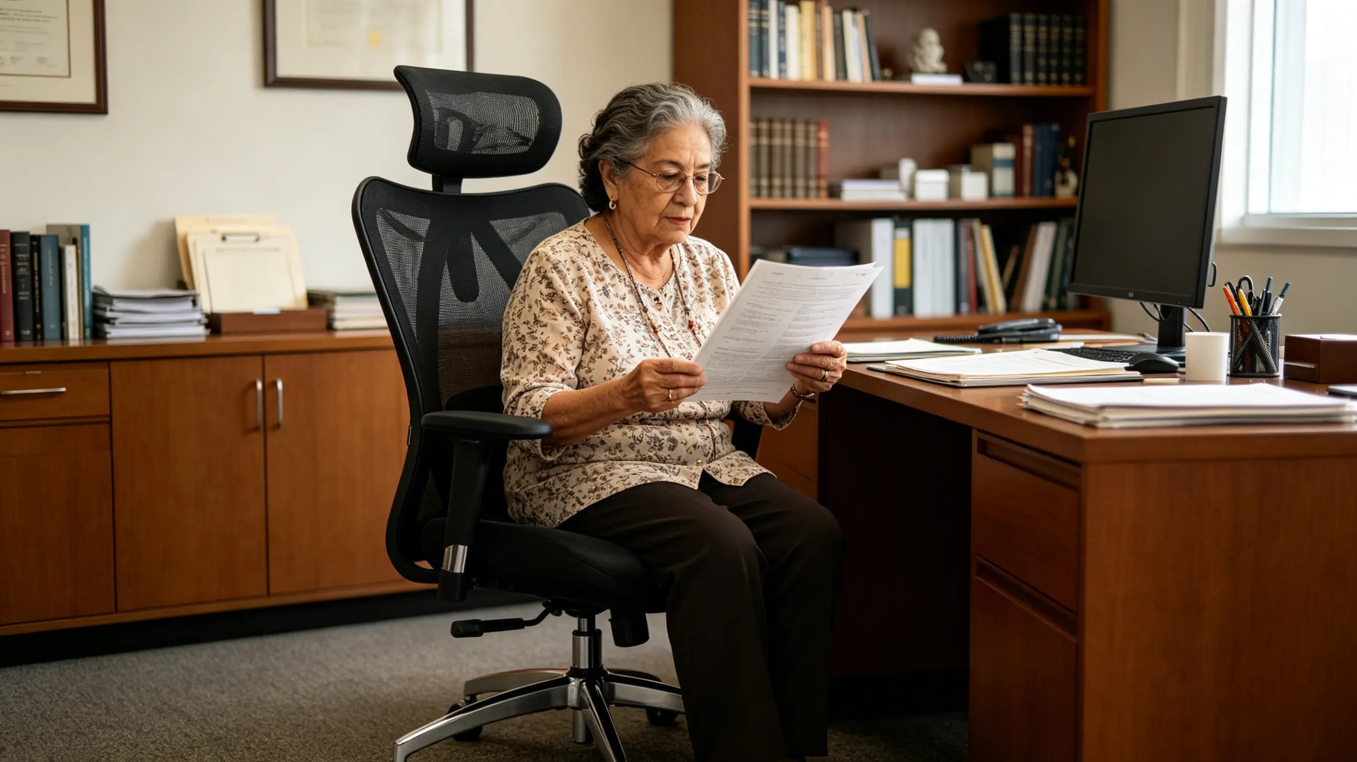 La doctora Elena, escritora e ilustradora de 78 años, revisando manuscritos médicos en su silla ergonómica de oficina Ergo Select en su estudio de Madrid.
