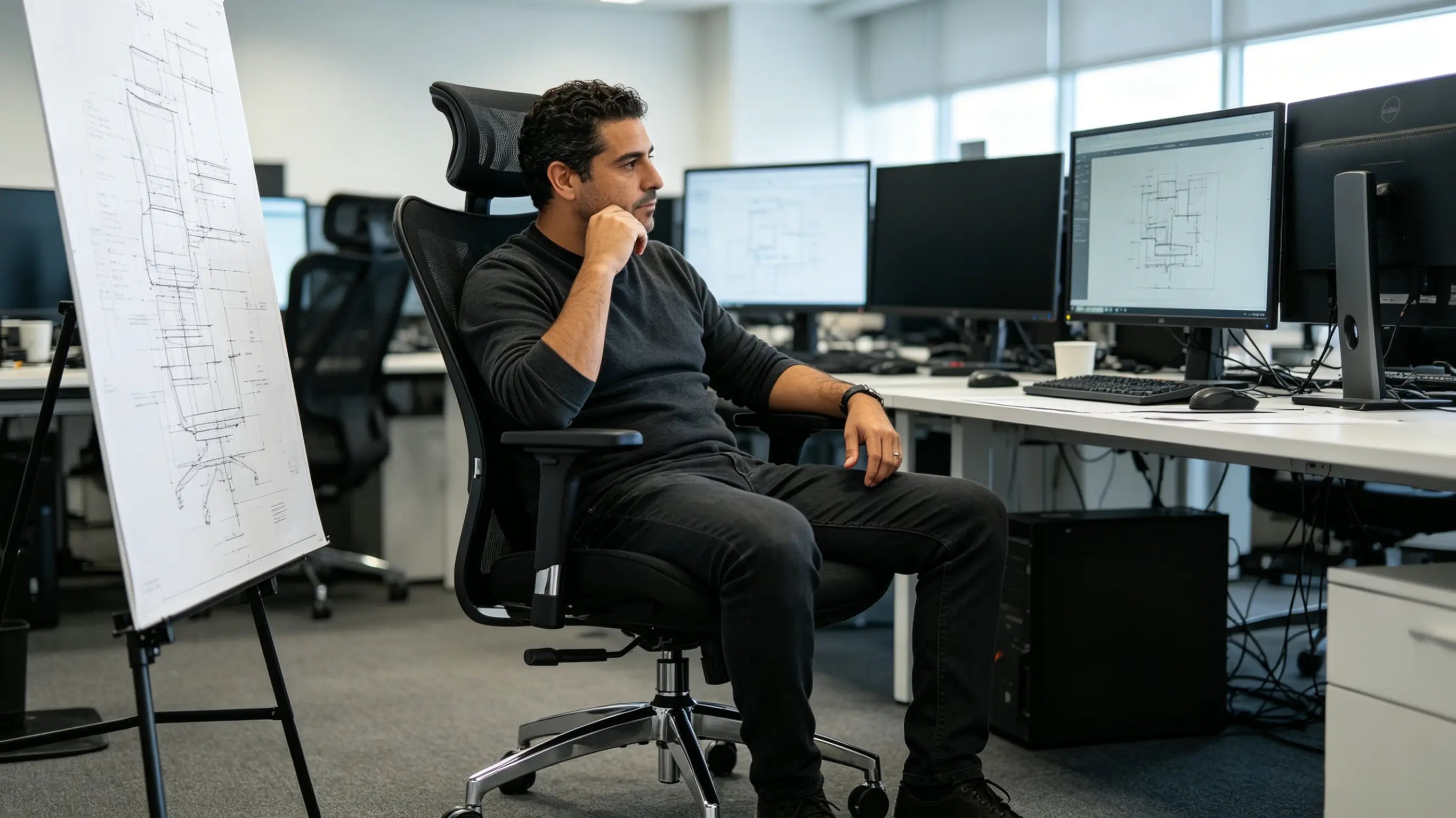Adrián, ingeniero aeroespacial de 38 años, analizando redes de fluidos térmicos sentado en su silla ergonómica de oficina Ergo Select en Barcelona
