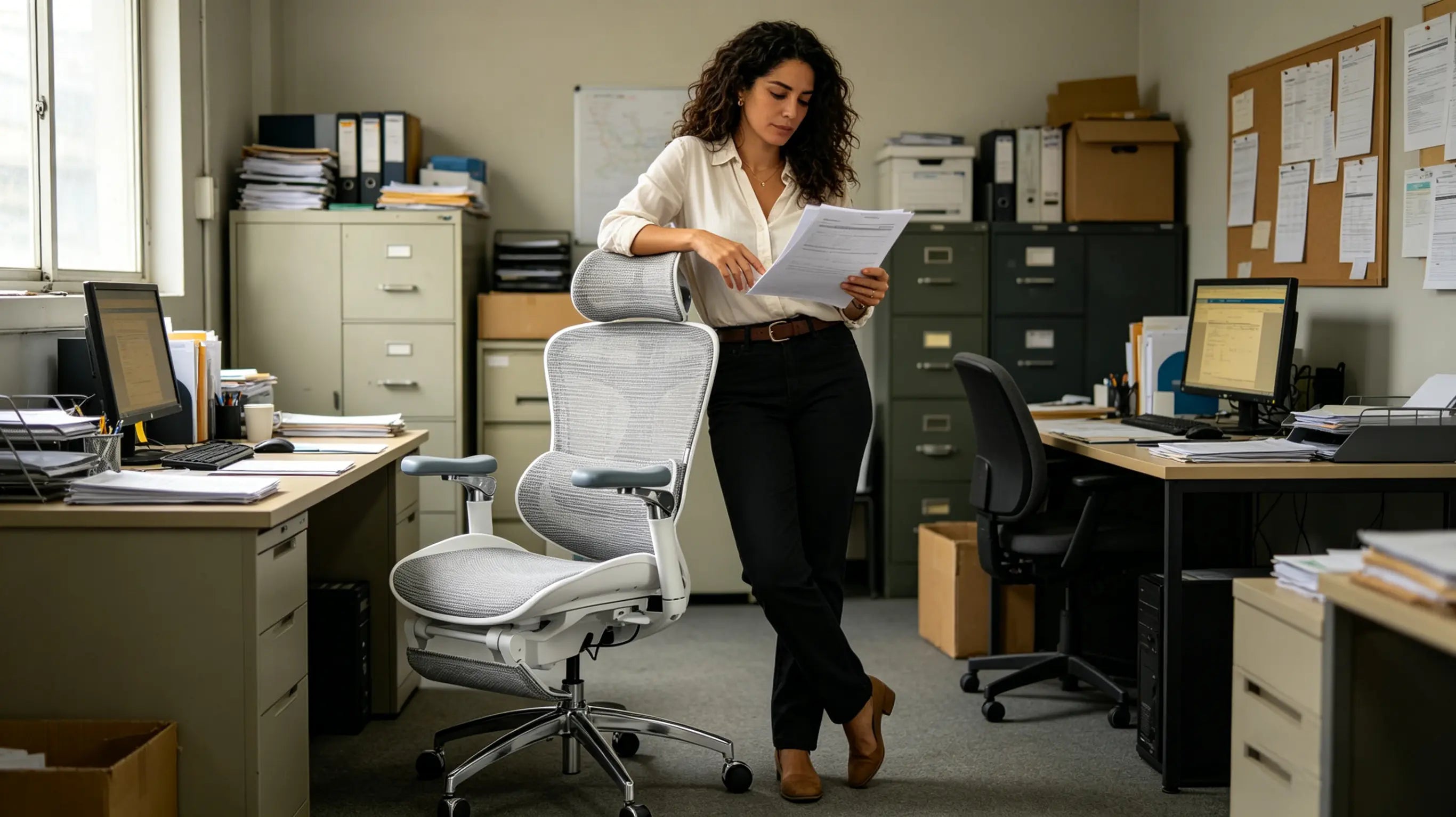 Silvia analizando documentos financieros sentada en su silla ergonómica de Ergo Select en Sevilla