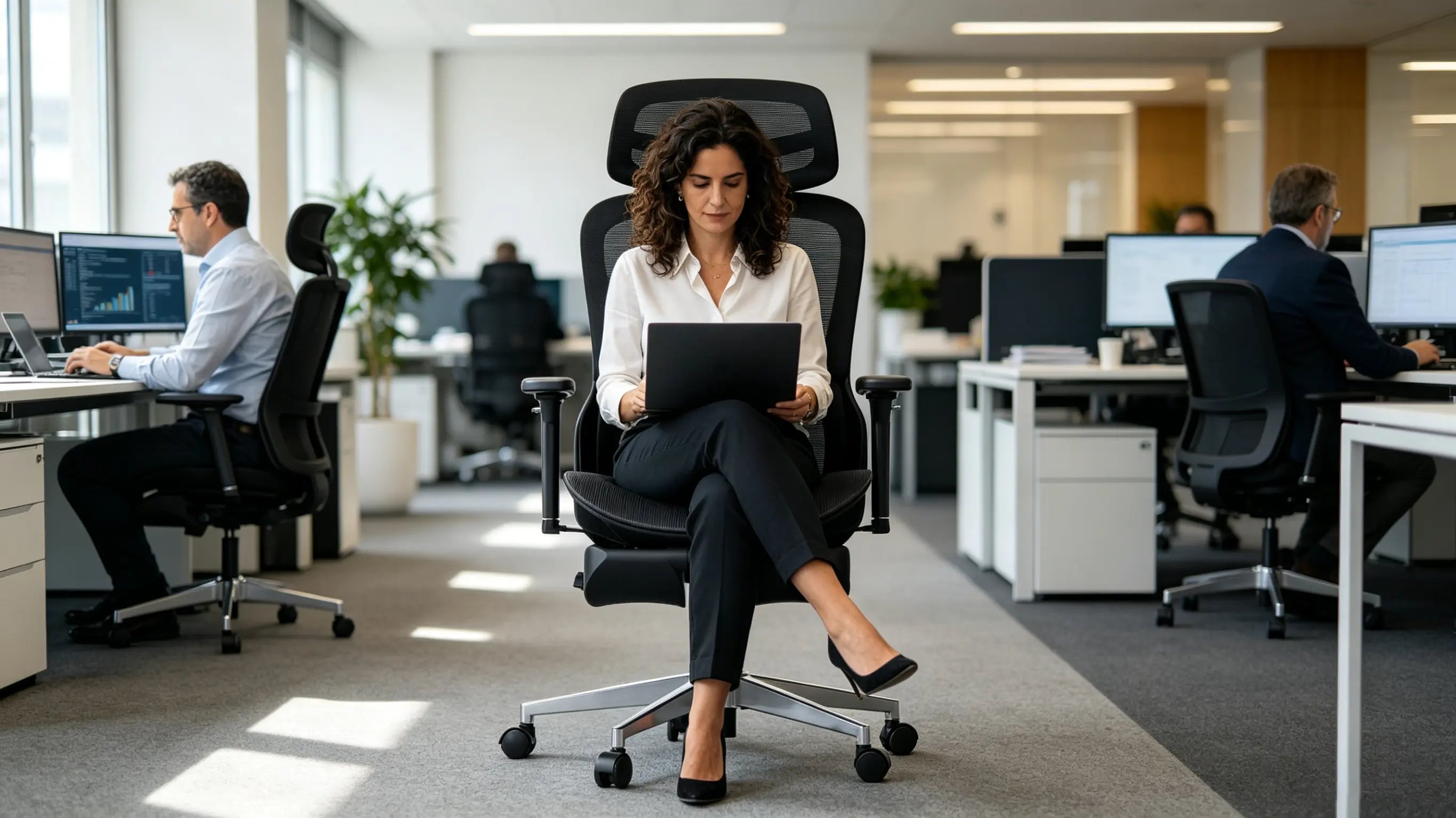 Doña Elena, consultora de datos de 38 años, analizando flujos de información en su silla ergonómica de Ergo Select en Valencia.