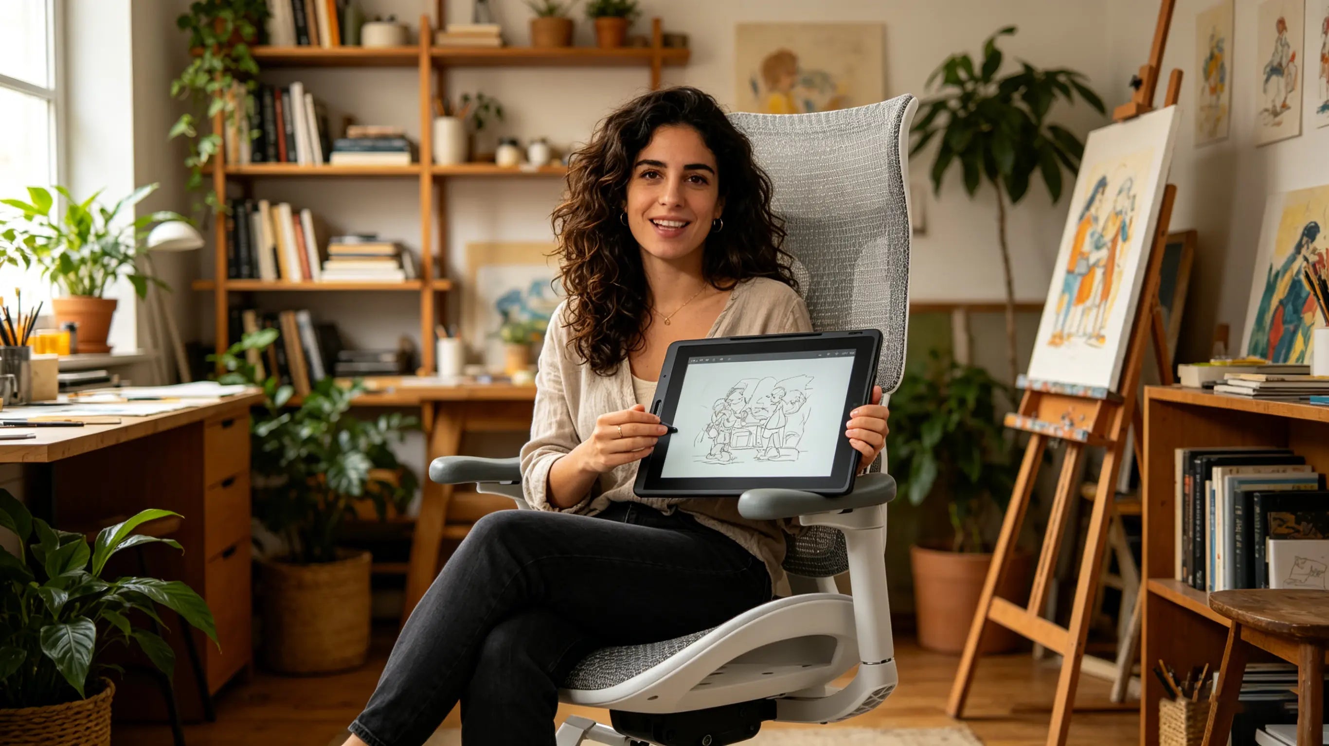 Isabel trabajando en su tableta gráfica sentada en su silla ergonómica escritorio de Ergo Select en Barcelona.