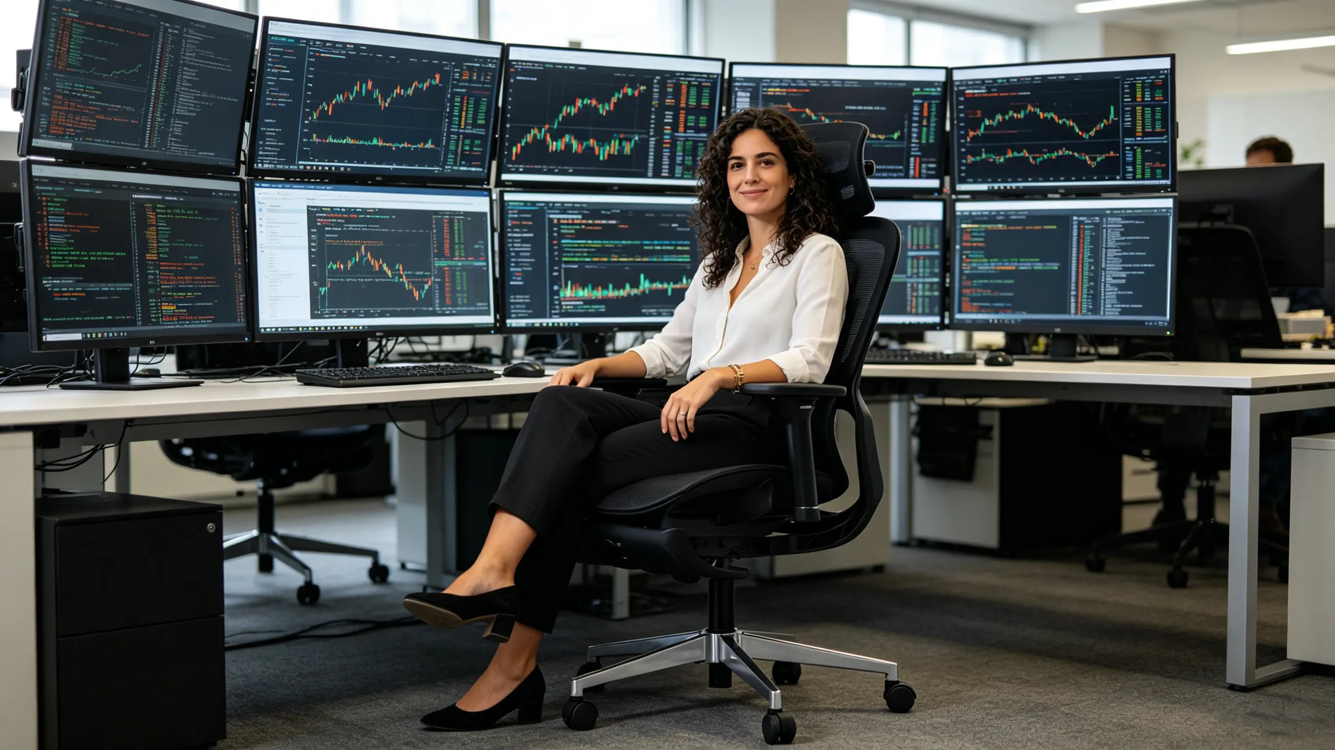 Doña Beatriz, ingeniera financiera de 32 años, monitorizando algoritmos en su silla ergonómica escritorio Ergo Select frente a su terminal de Barcelona.