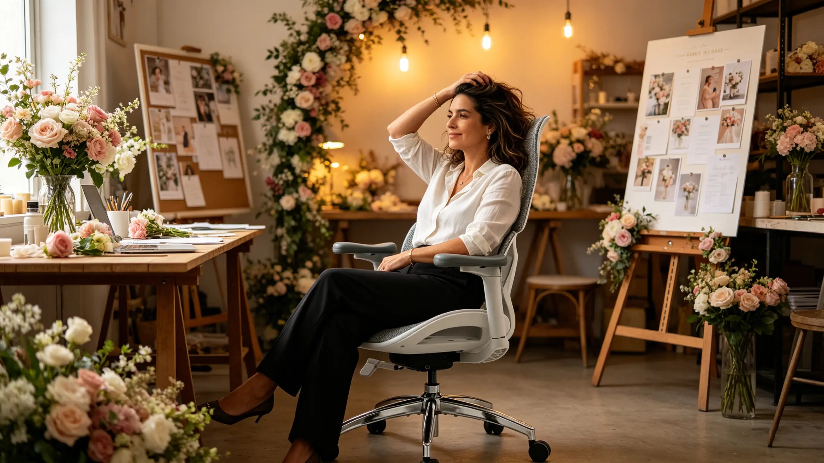 Irene organizando un evento sentada en su silla ergonómica oficina de Ergo Select en Sevilla.