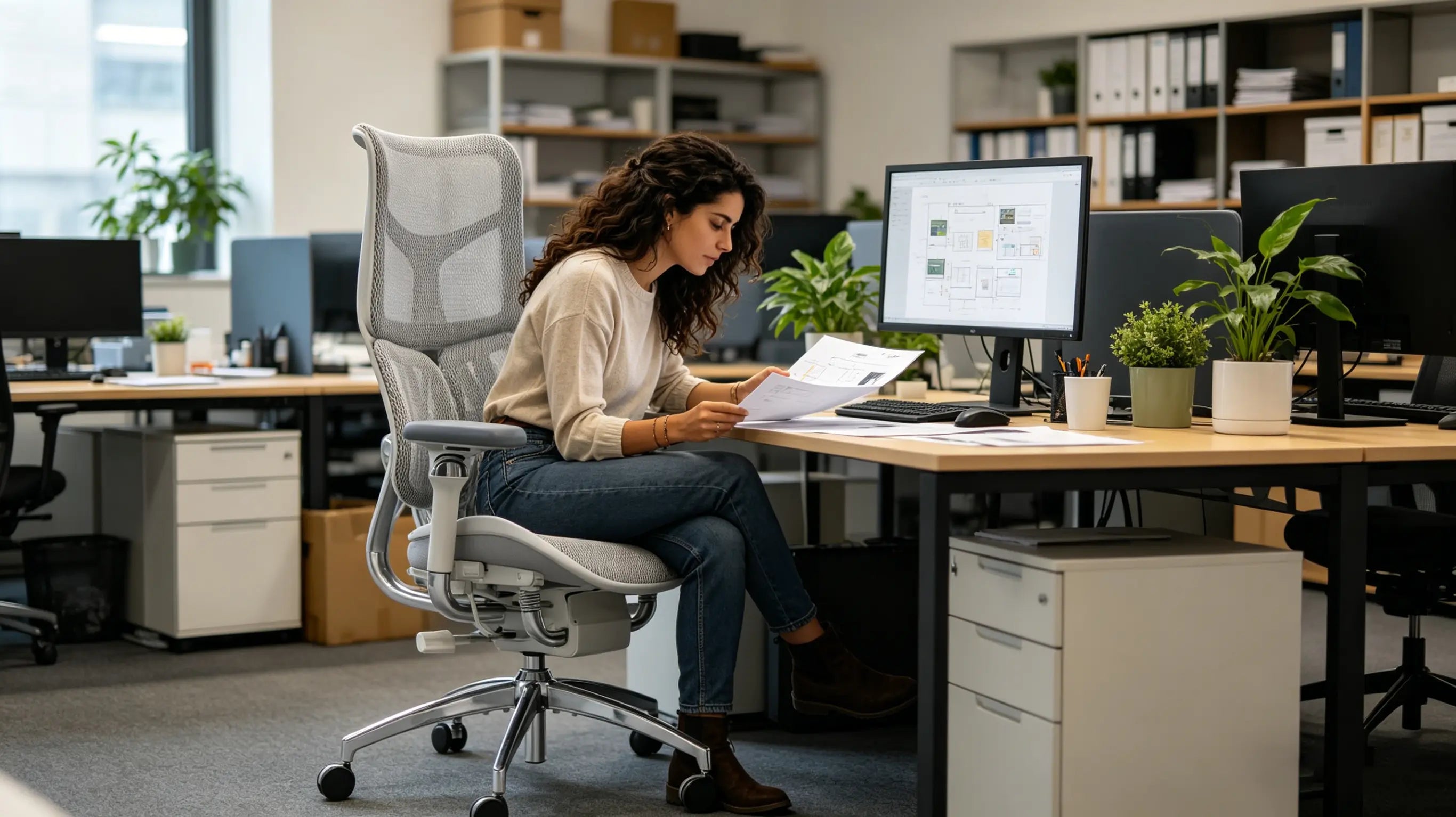 Javier revisando flujos de usuario sentado en su silla ergonómica oficina de Ergo Select en Barcelona.