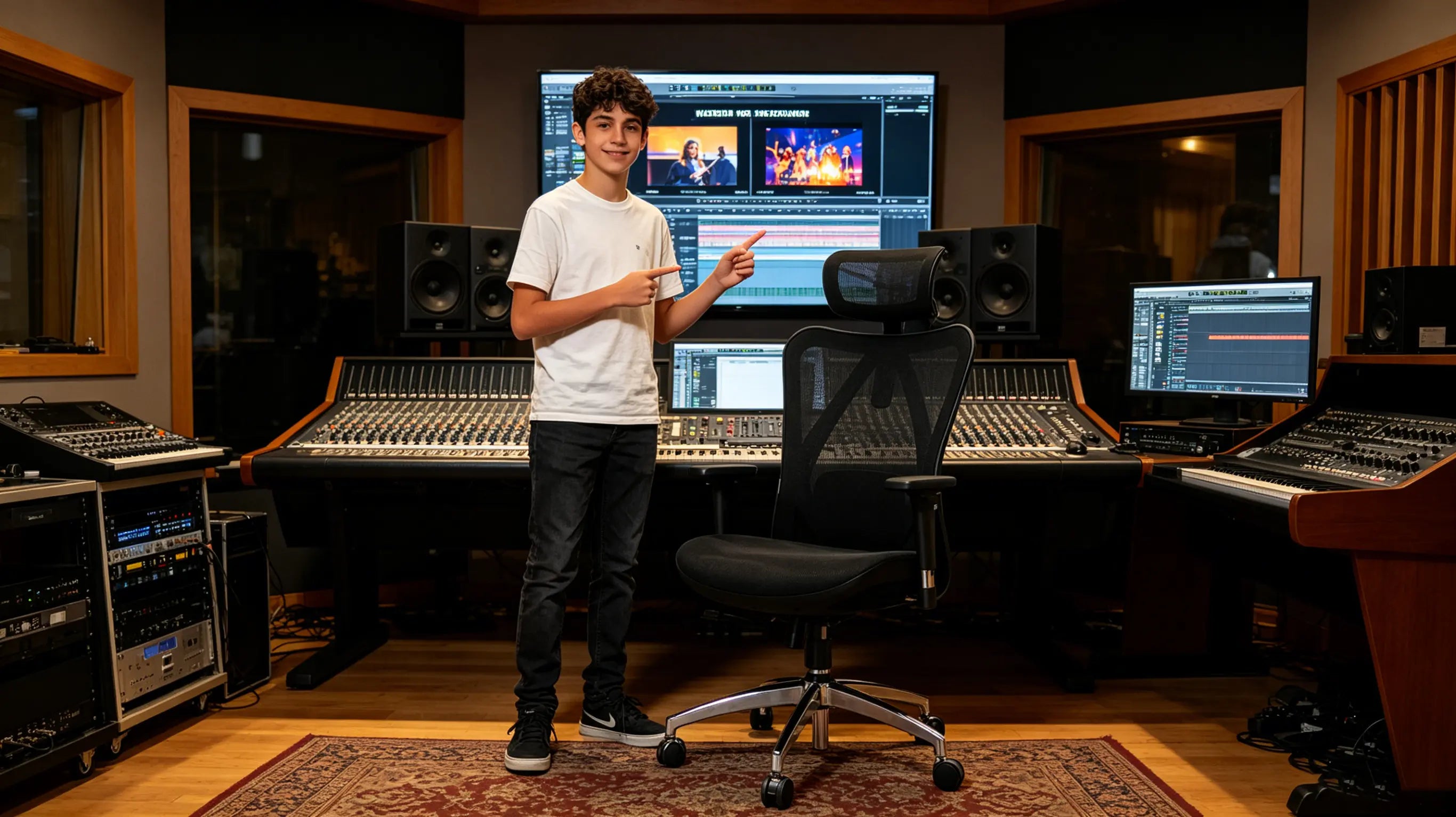 Hugo, un joven creador de música digital de 15 años, editando secuencias de audio sentado en su silla ergonómica para escritorio Ergo Select en Barcelona