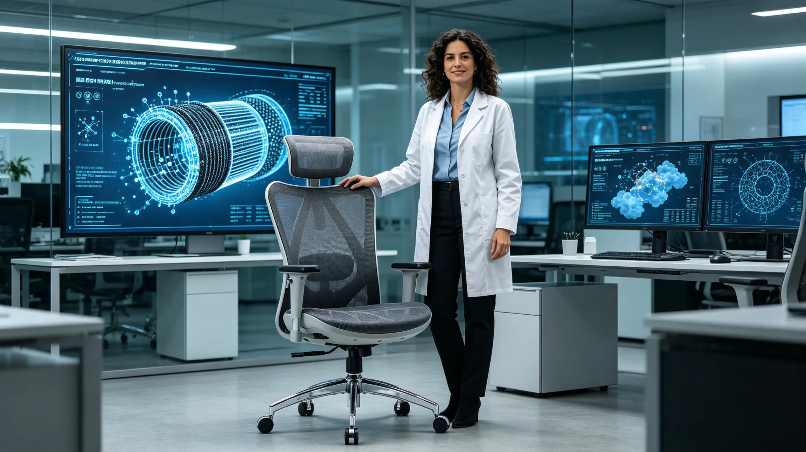 Valeria, ingeniera de energía de 35 años, ajustando mallas de deformación estructural en su pantalla interactiva, sentada en su silla ergonómica para oficina Ergo Select en Barcelona.