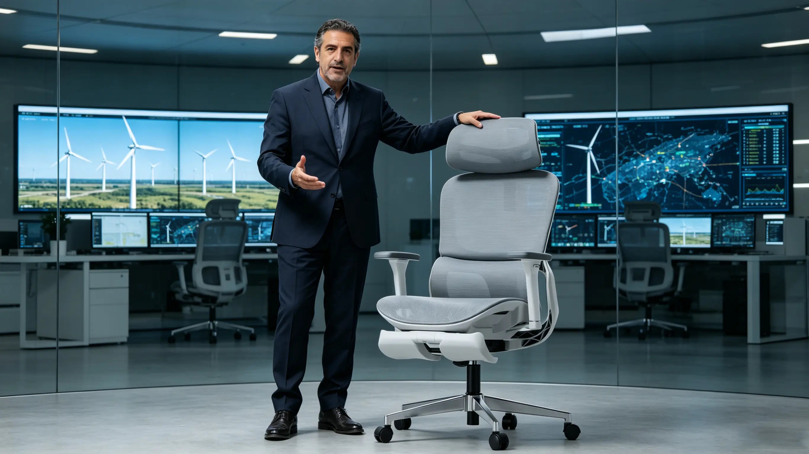 Don Carlos, director de tecnología de 48 años, supervisando la red de parques eólicos en su silla ergonómica para oficina profesional en Madrid.