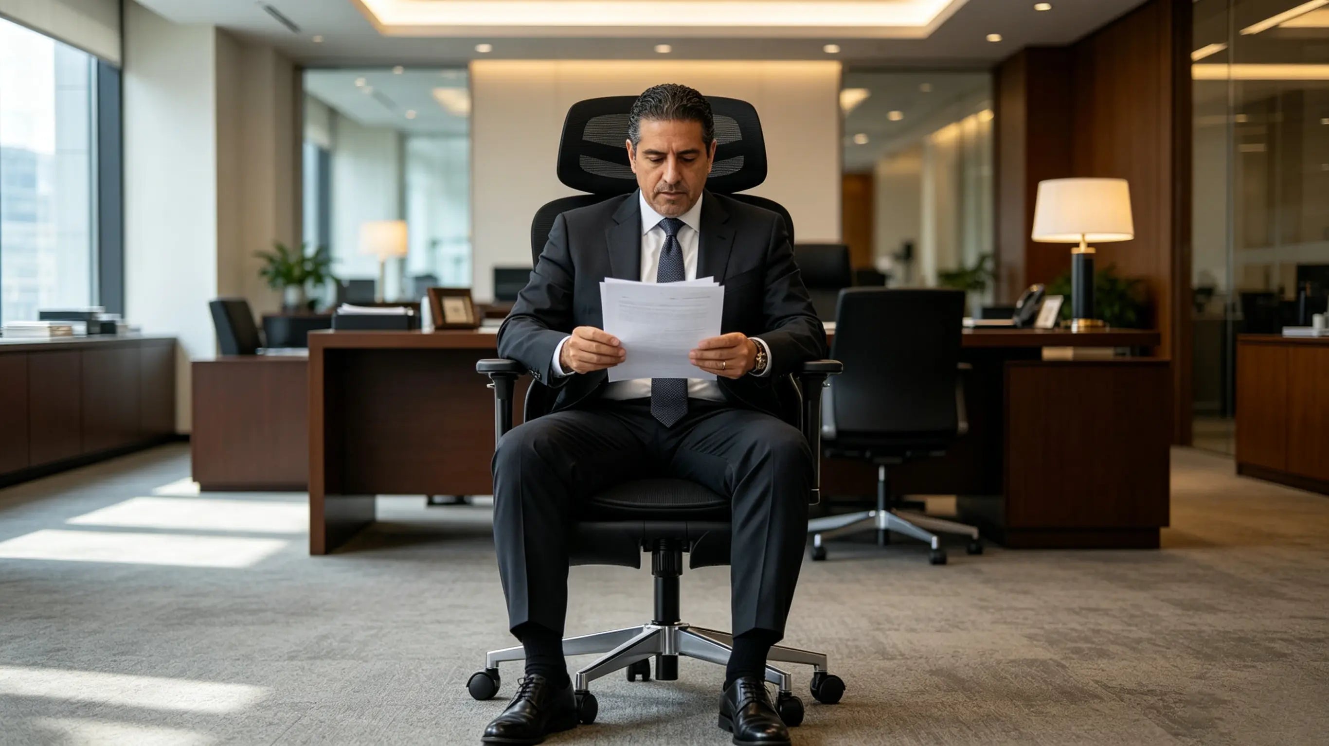 Don Alejandro, abogado senior de 45 años, revisando contratos de fusión en su silla ergonómica rodillas de Ergo Select en Madrid.