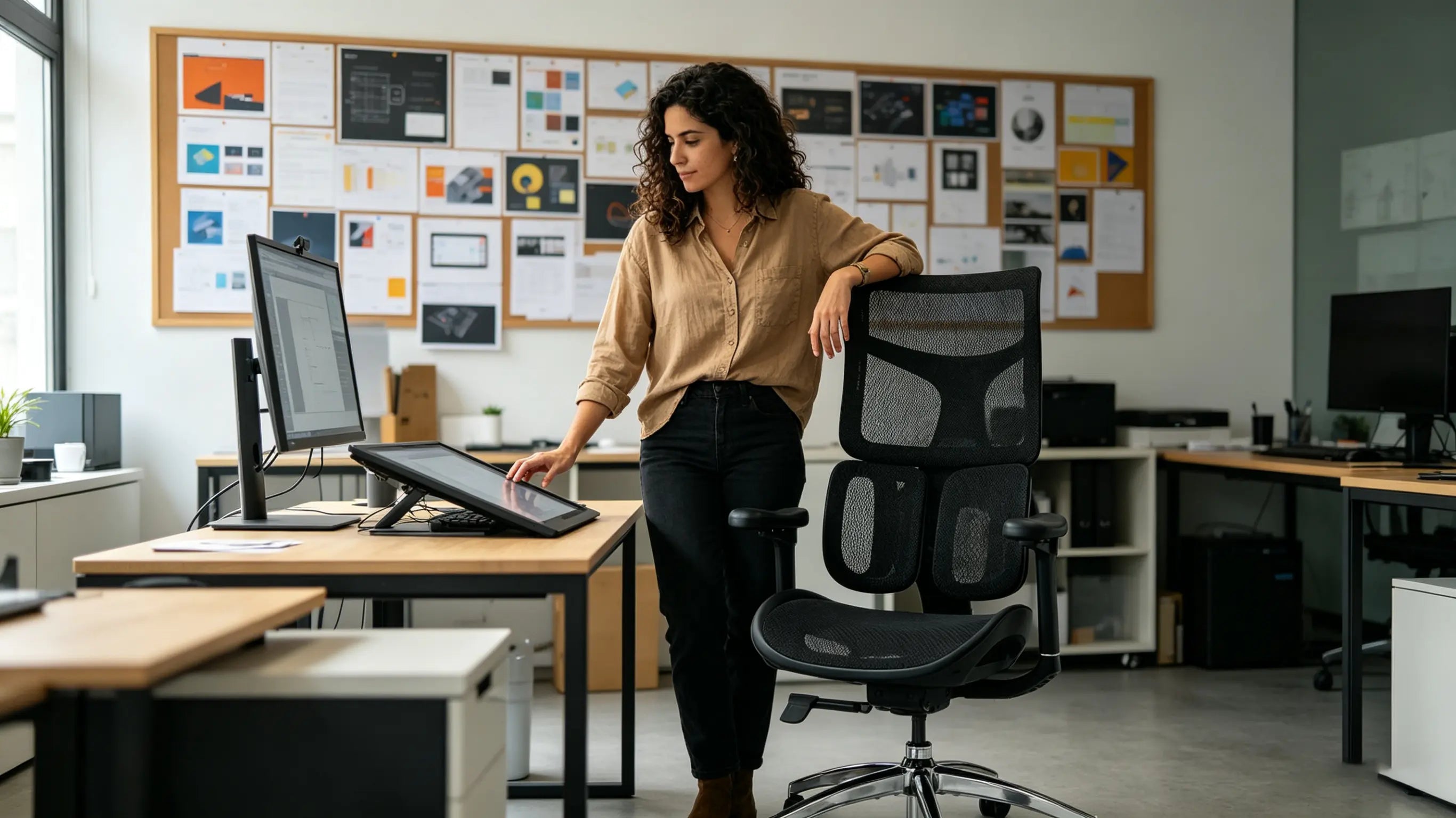 Isabel trabajando en su estudio de Barcelona con una silla escritorio blanca que combina con su setup tecnológico.