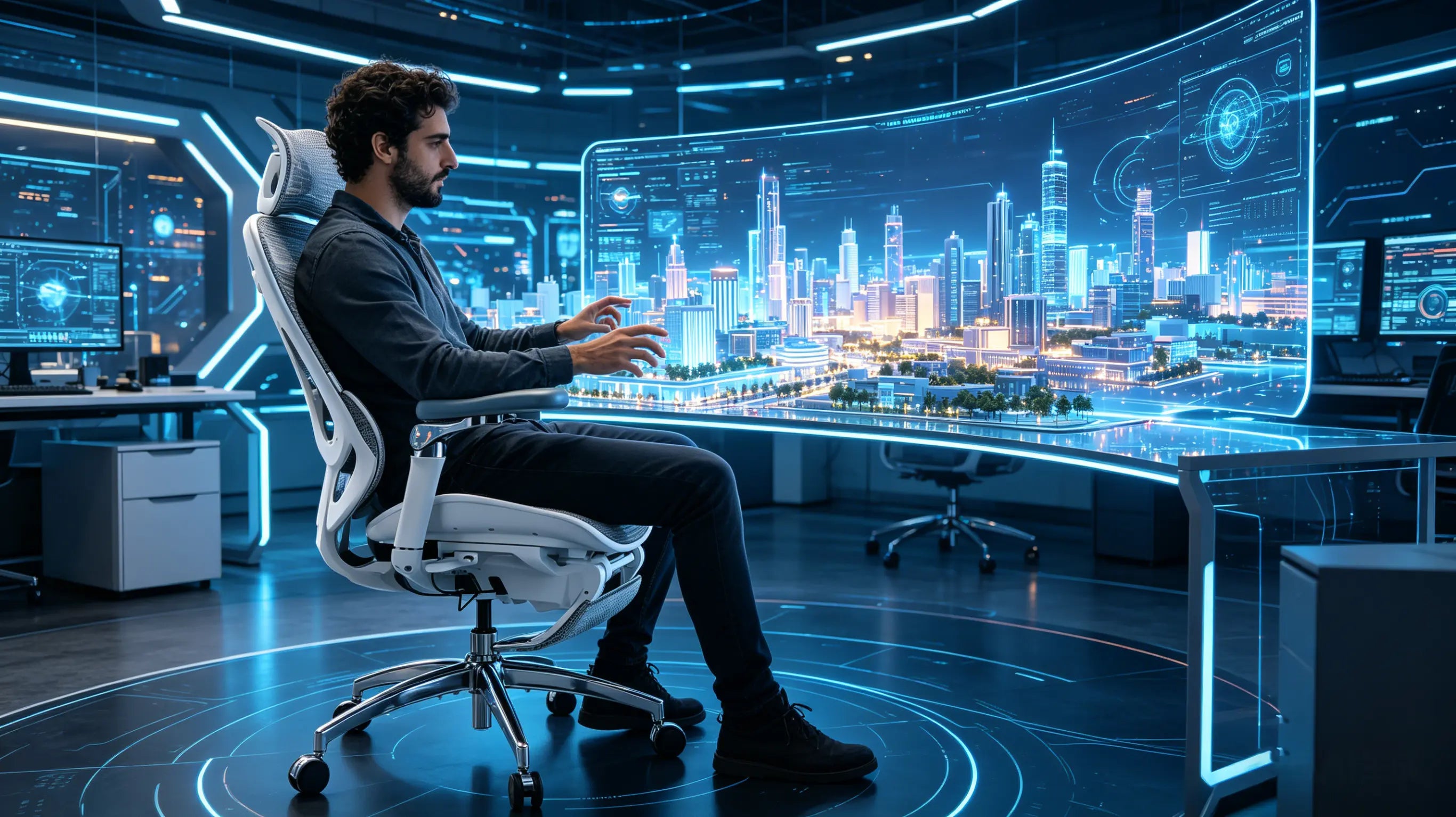 Nacho diseñando una ciudad virtual sentado en su silla gamer ergonomica Ergo Select en Mallorca.
