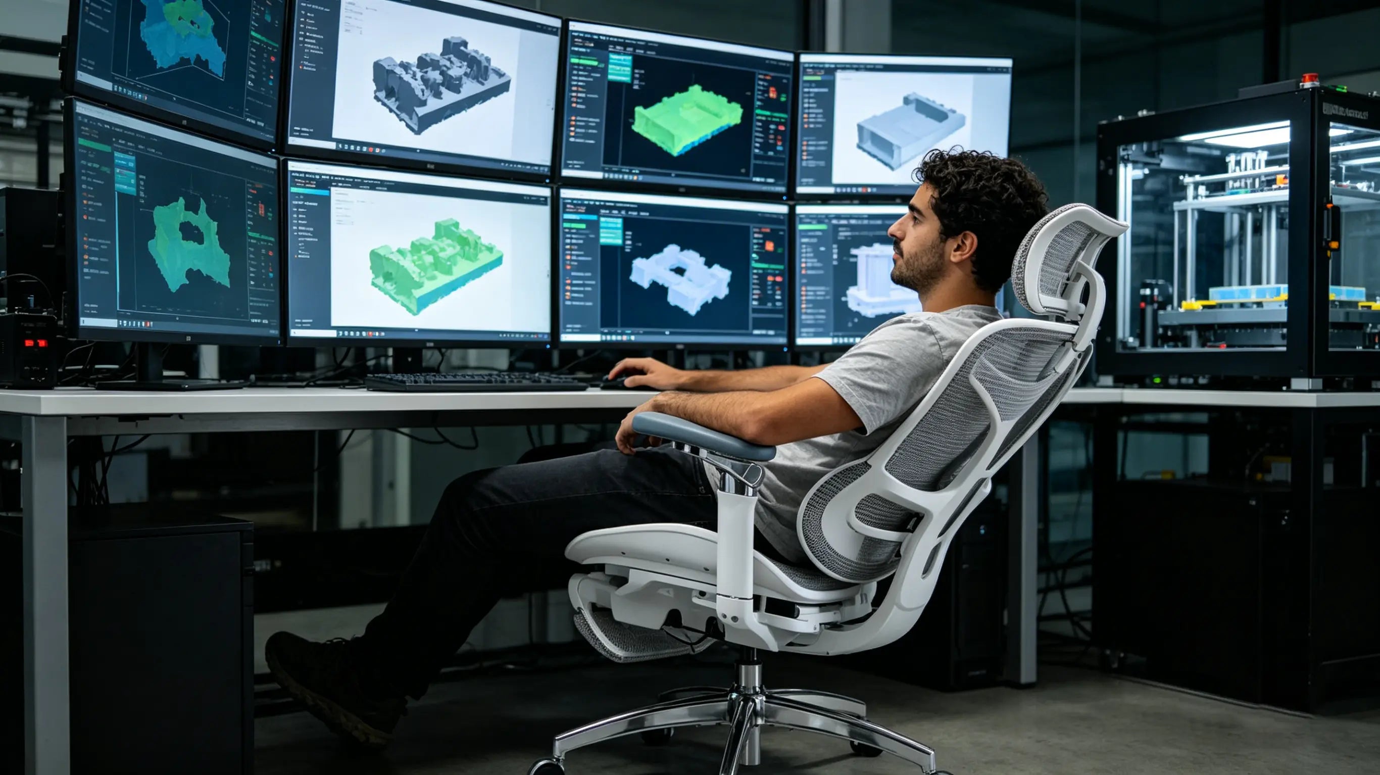 Nacho ajustando un modelo CAD sentado en su silla gamer ergonomica Ergo Select junto a sus impresoras 3D