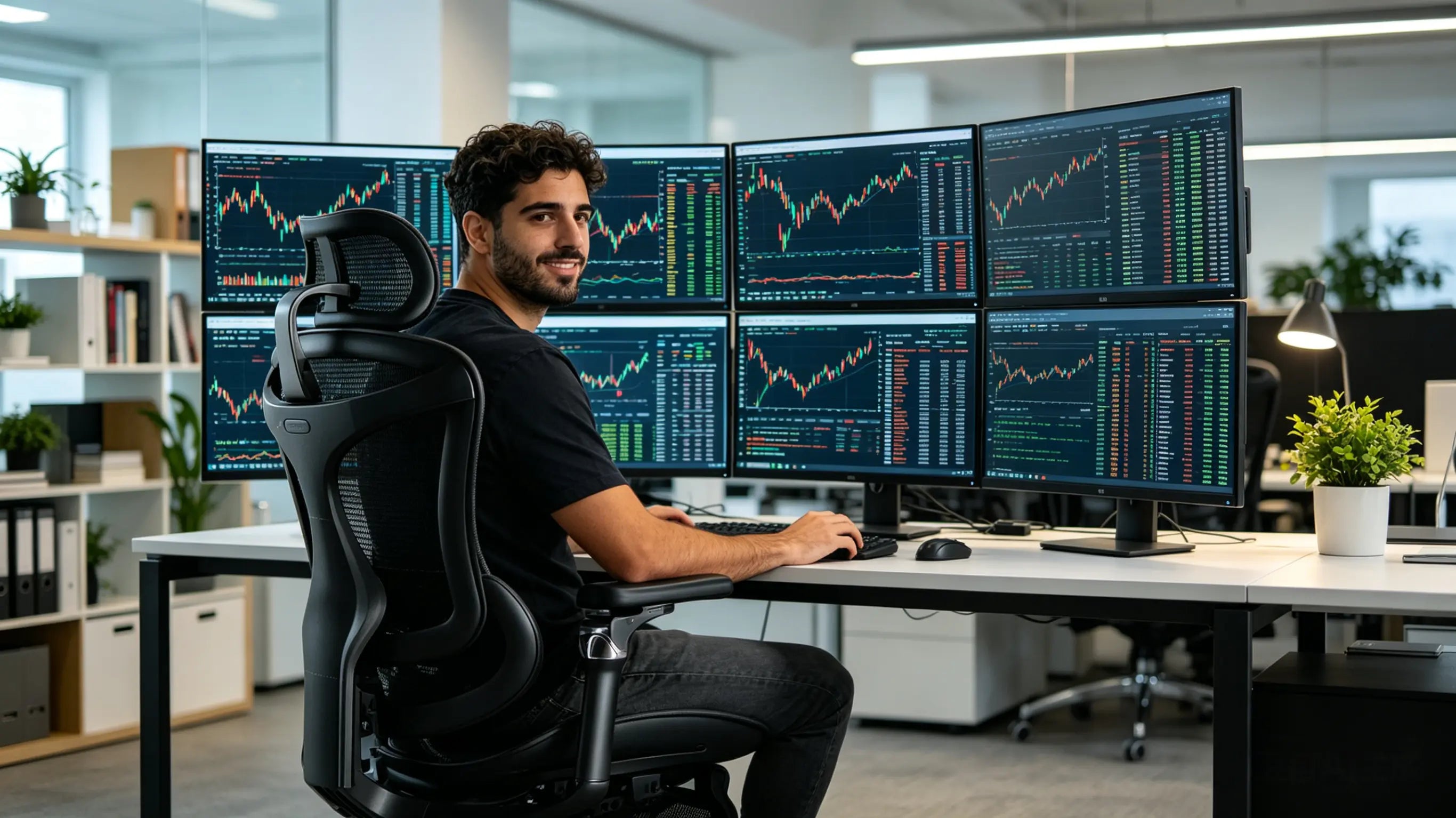 Nacho analizando gráficas de Bitcoin sentado en su silla gamer ergonomica Ergo Select con múltiples monitores.