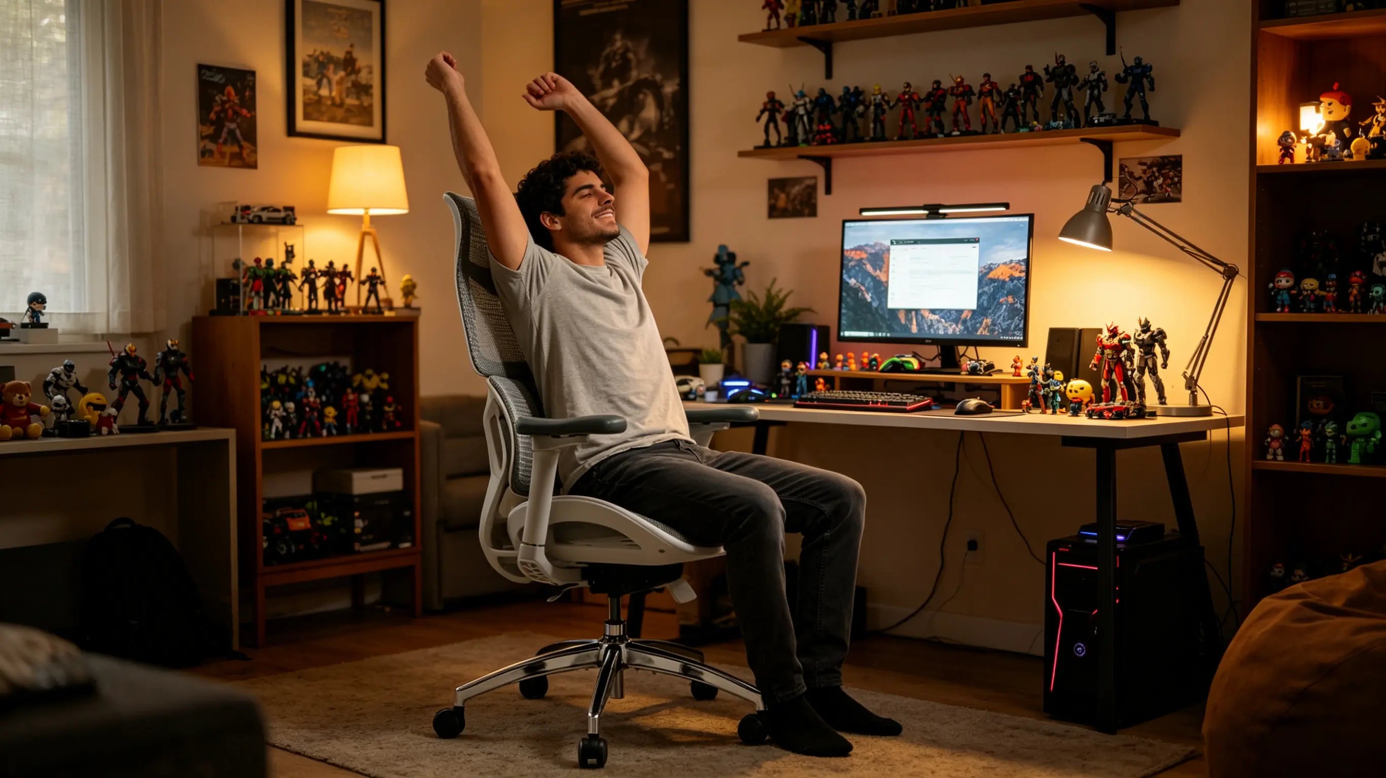 Diego probando su nuevo videojuego sentado en su silla gamer Ergo Select en su habitación en Madrid