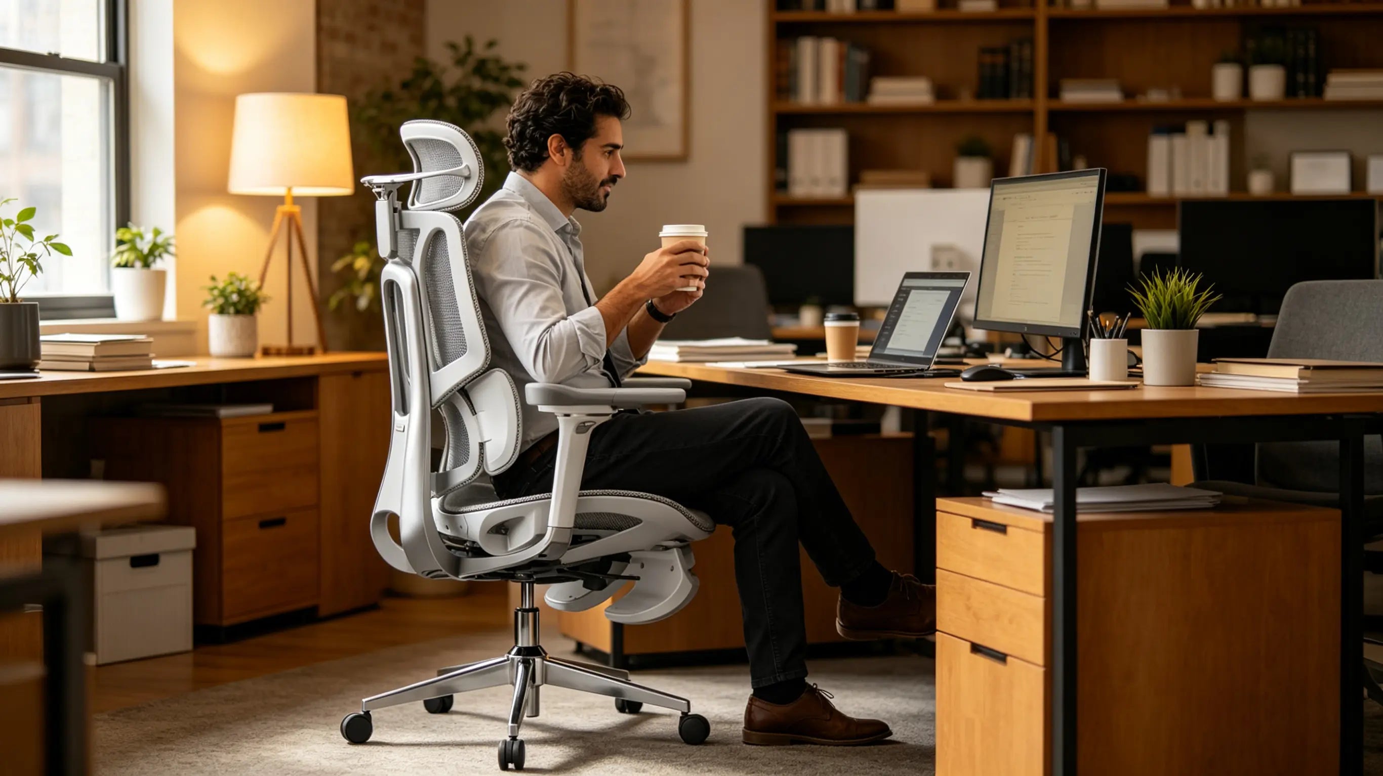Silla escritorio ergonómica frente a un setup de monitores múltiples para ingenieros SRE.