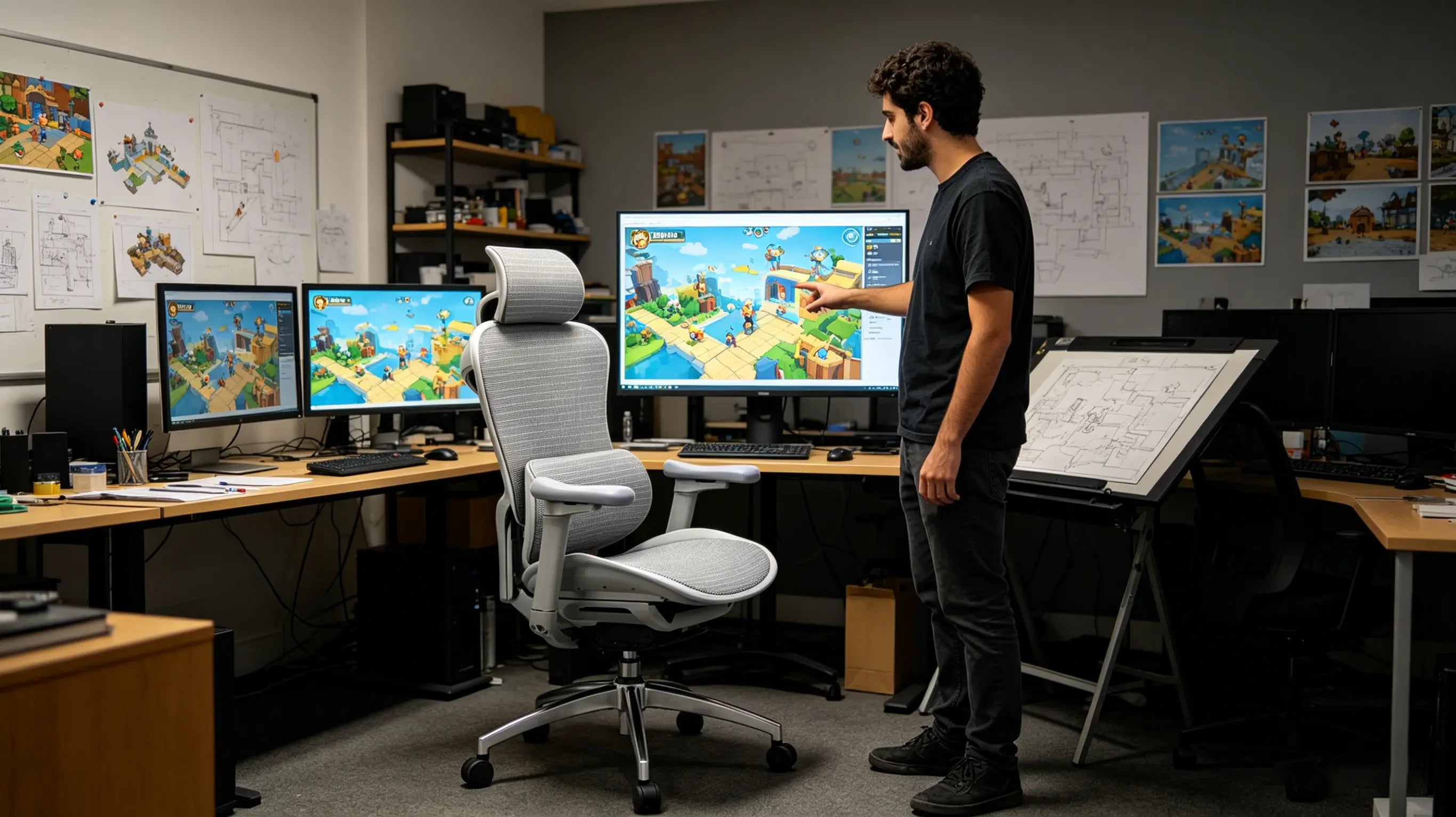 Leo designing game levels in Unreal Engine while sitting on his High Back Ergonomic Mesh Task Chair in Madrid.