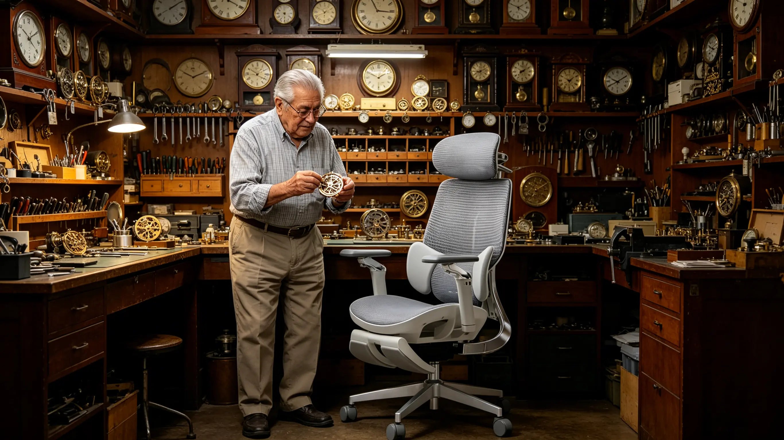 Don Manuel, un maestro relojero de 80 años, reparando un mecanismo de precisión sentado en su silla oficina Ergo Select en Madrid.