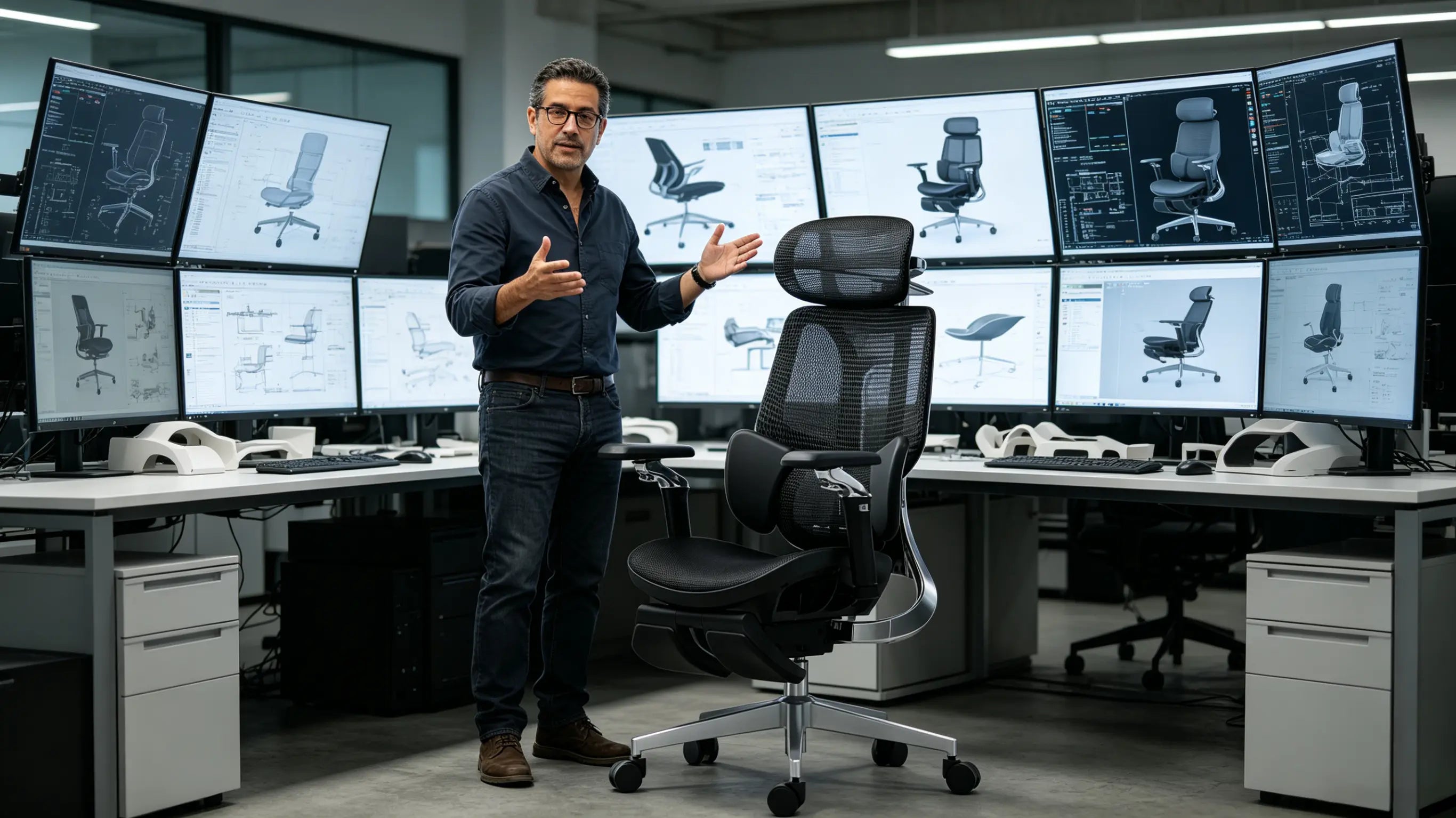 Don Sergio, un diseñador industrial de 42 años, modelando piezas en su silla oficina Ergo Select en Barcelona.