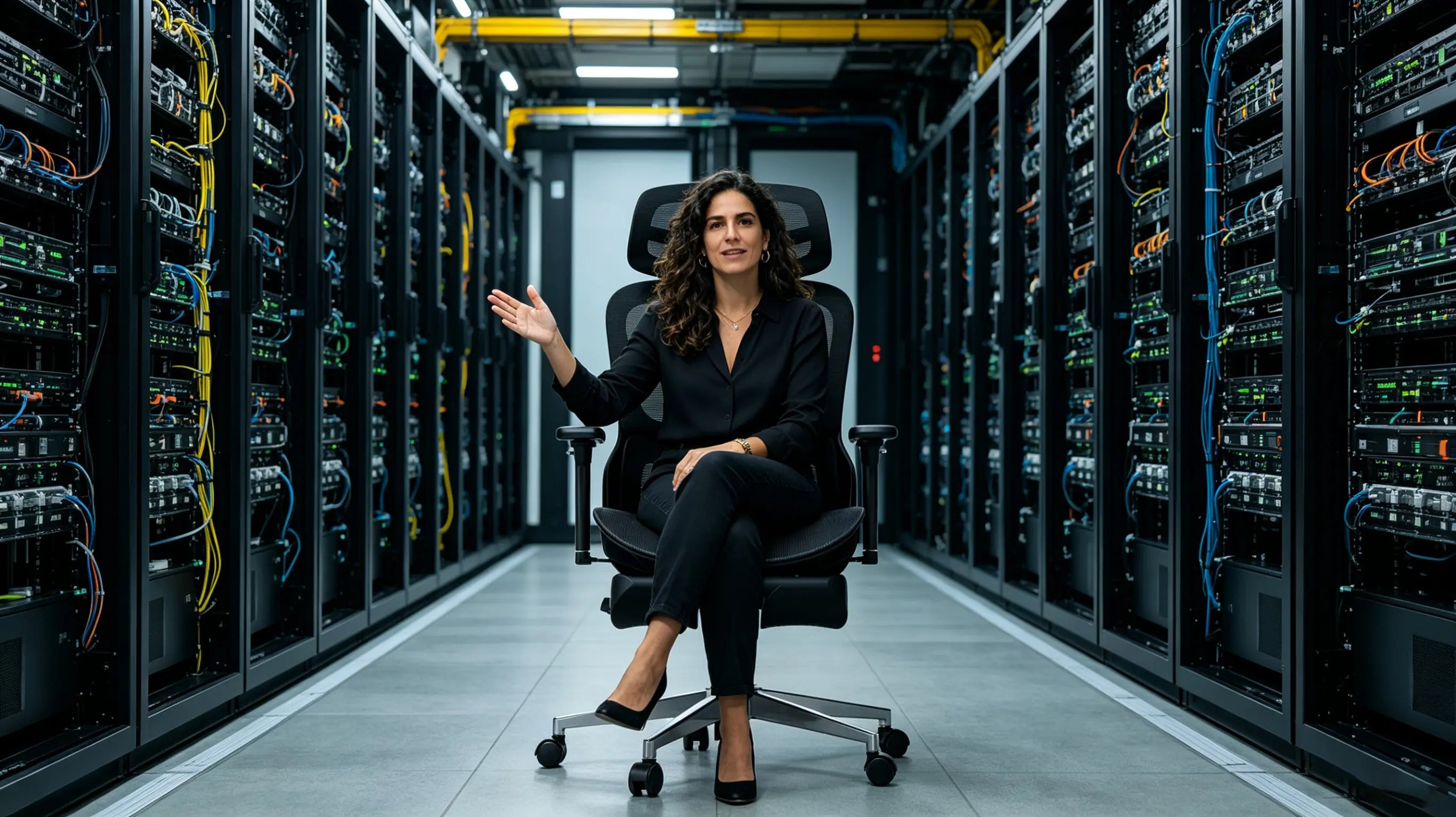 Doña Sofía, CTO de 39 años, supervisando la arquitectura de servidores en su silla oficina ergonómica de Ergo Select en Málaga.