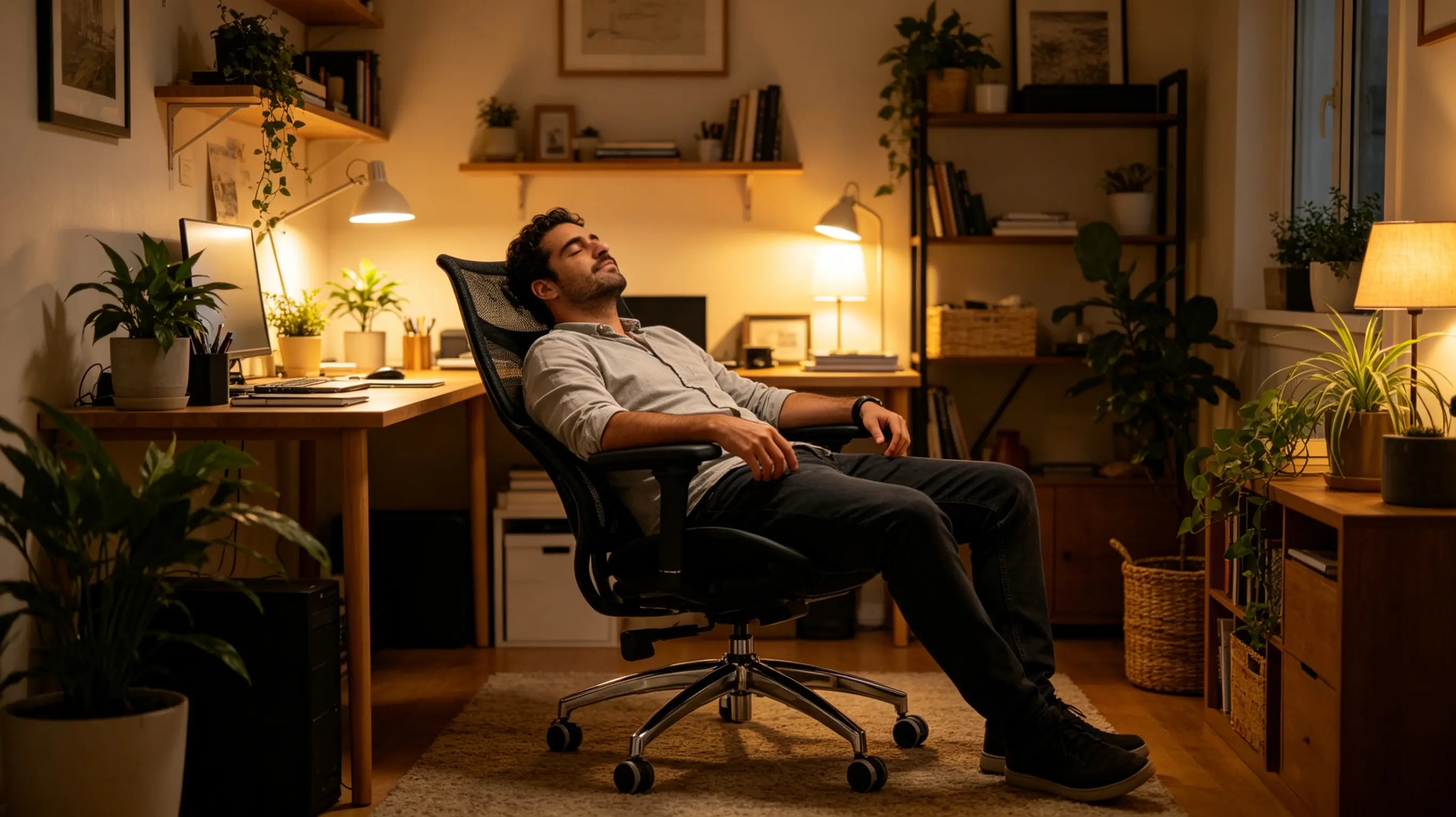 Nacho realizando una traducción simultánea sentado en su silla oficina ergonomica Ergo Select en su estudio de Mallorca