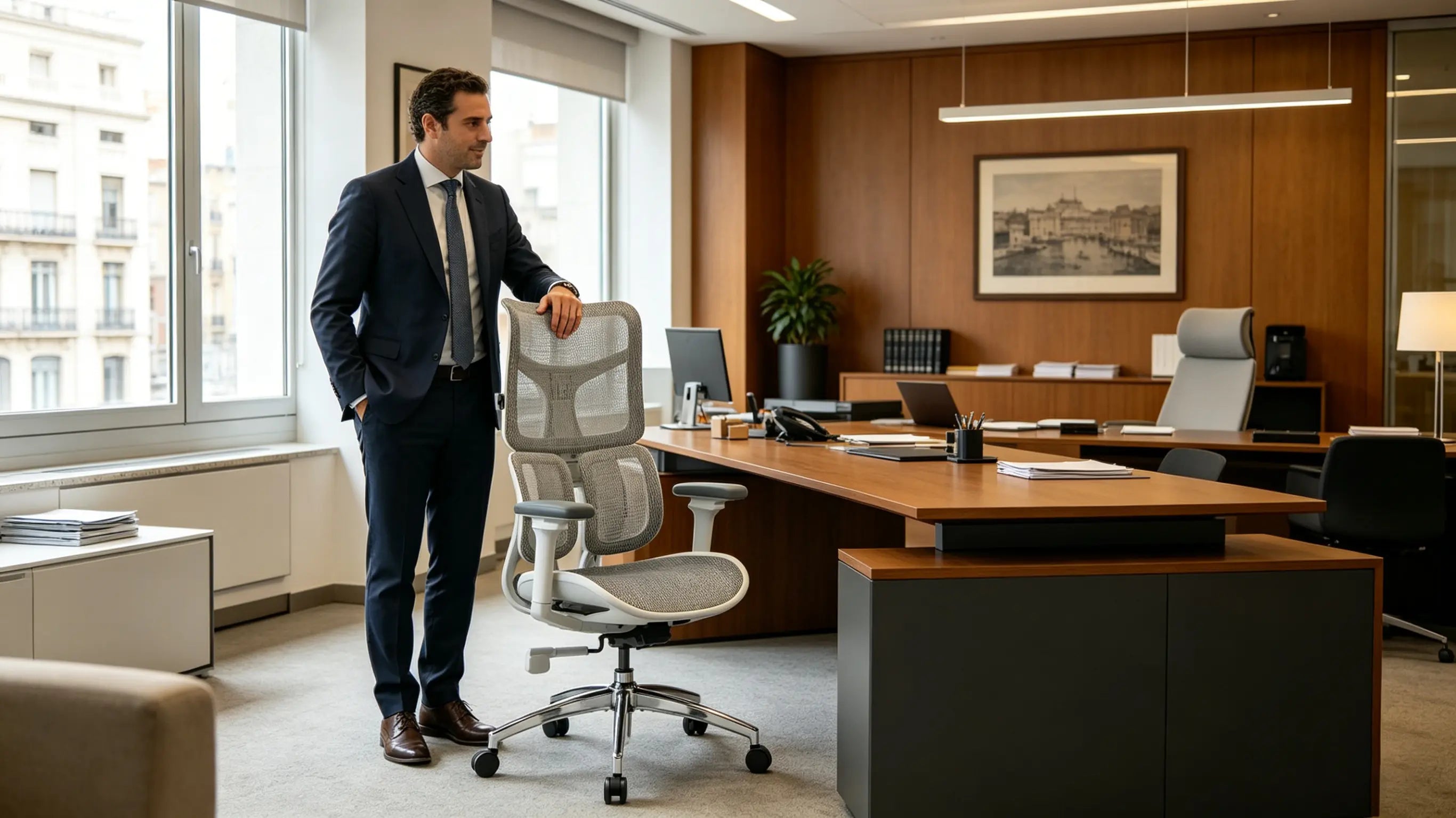 Diego inaugurando su nuevo despacho legal con las sillas compradas en Ergo Select en Madrid.