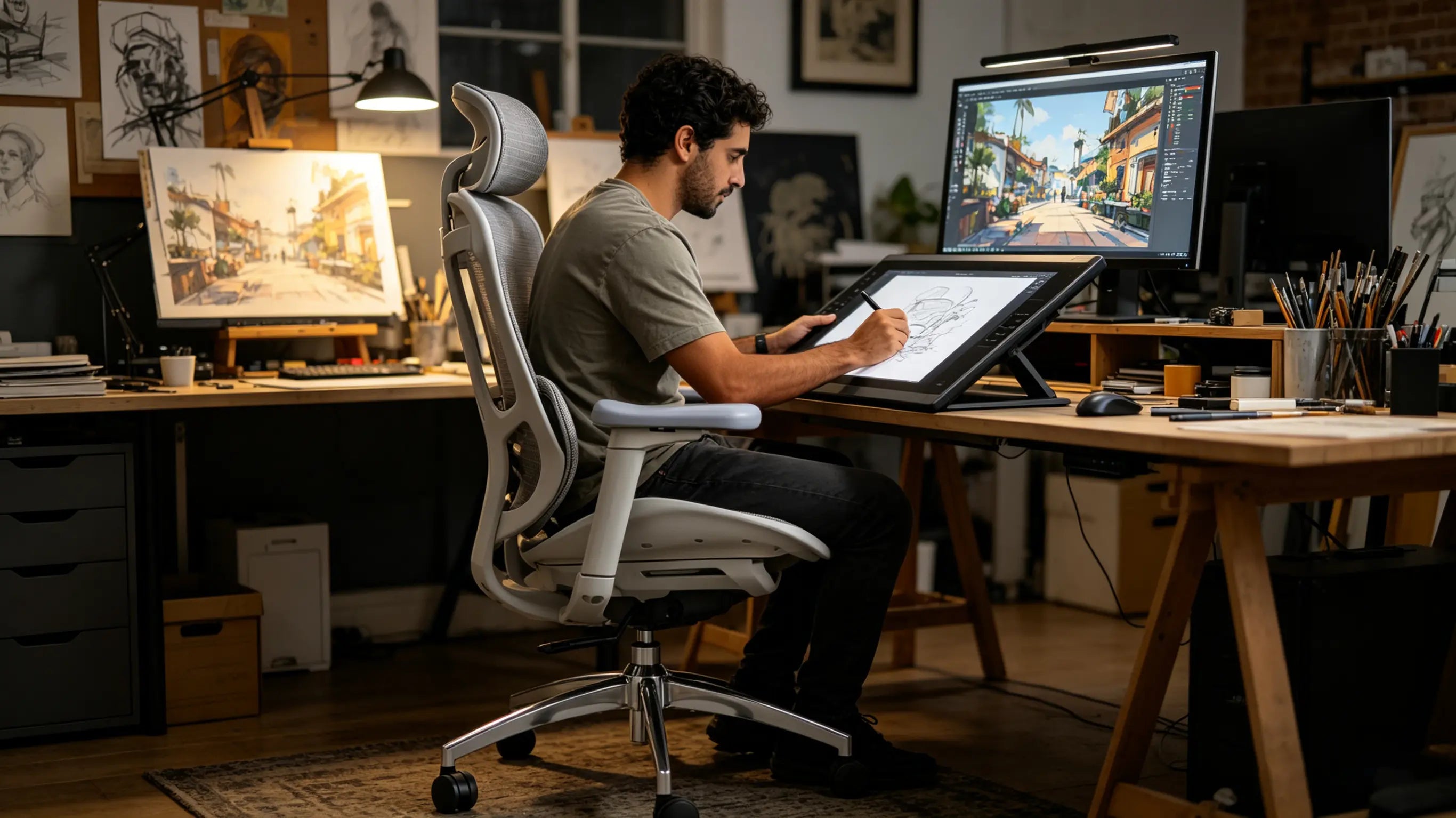 Mateo painting detailed digital environment art while sitting on his High Back Ergonomic Mesh Task Chair in Madrid.