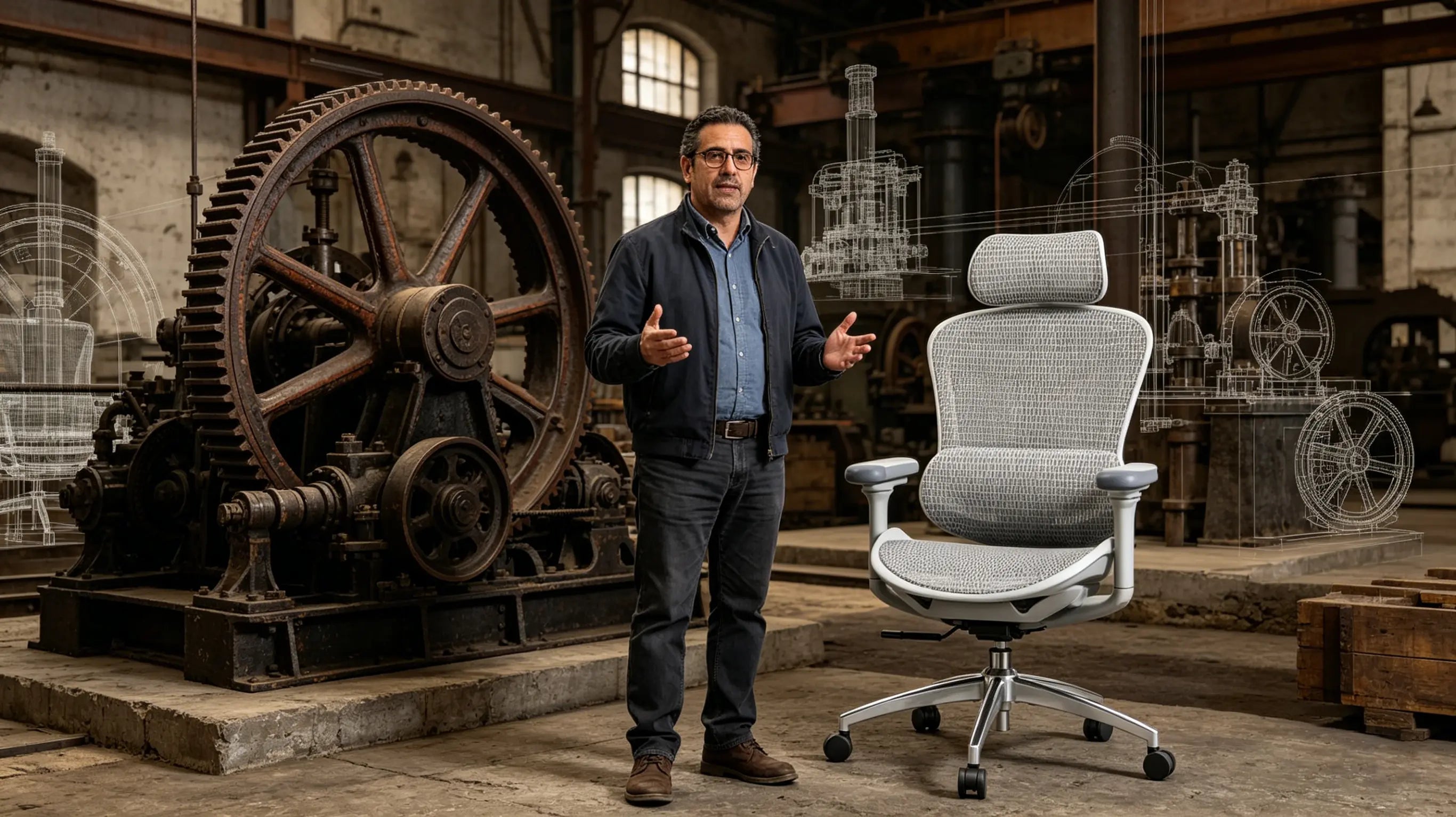 Roberto reconstructing 19th-century industrial machinery in 3D while sitting on his High Back Ergonomic Mesh Task Chair in Barcelona.