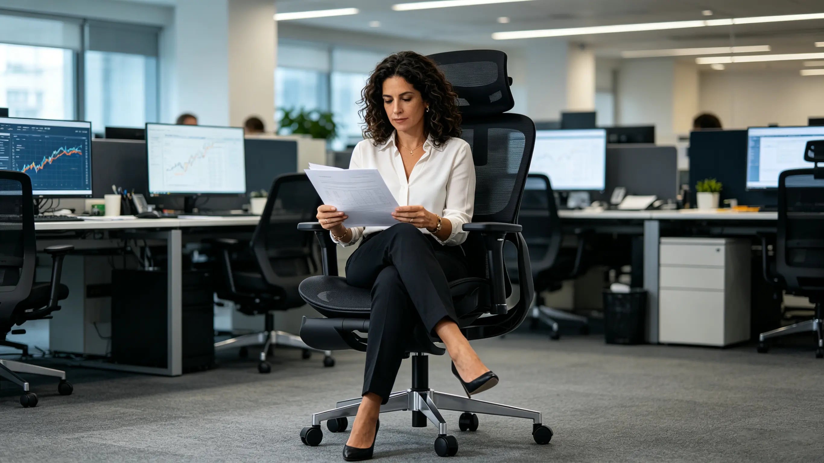 Doña Teresa, directora de finanzas de 44 años, analizando modelos de riesgo en su silla Ergo Select en Zaragoza.