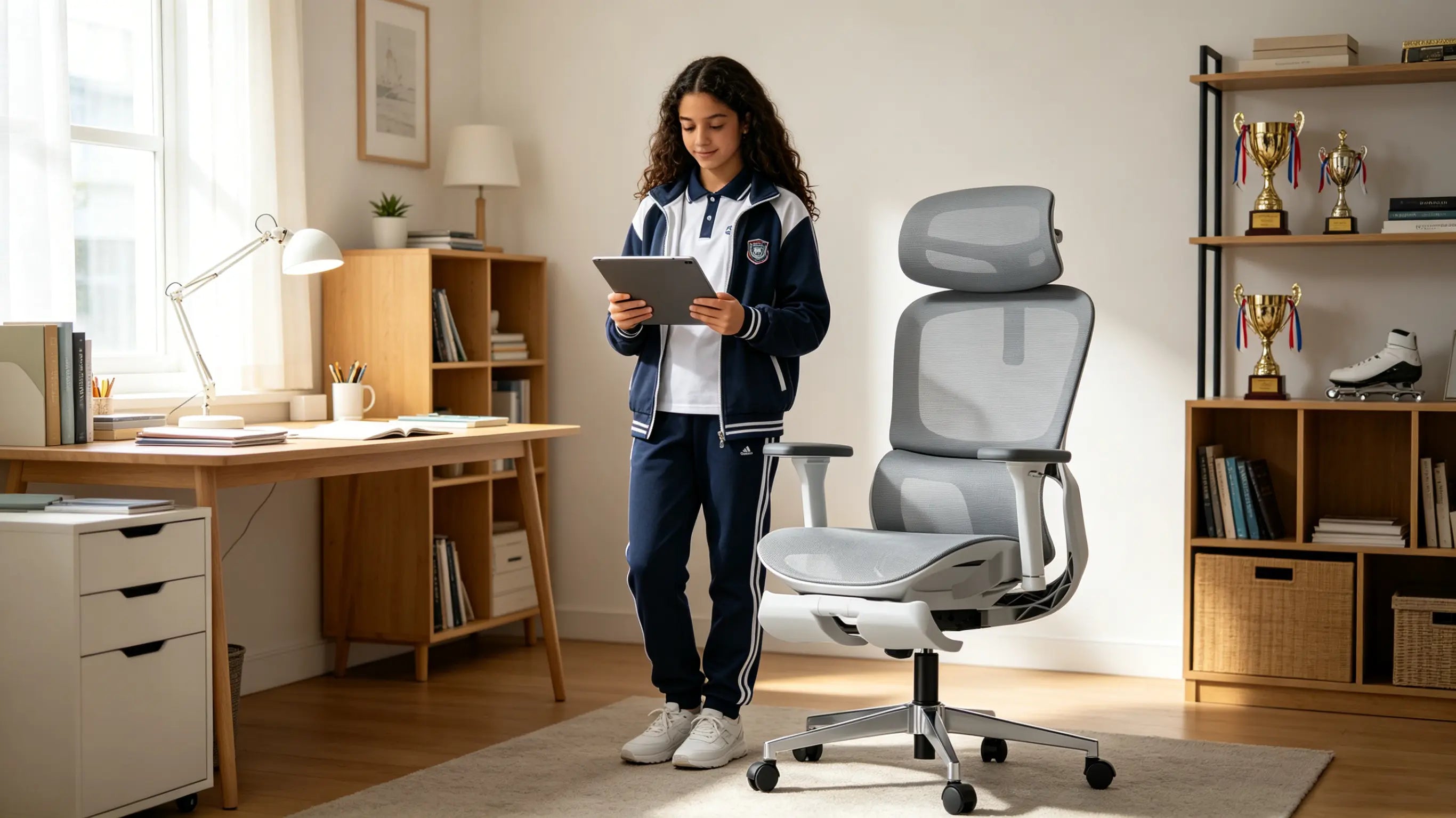 Sofía, estudiante y patinadora de 15 años, revisando sus clases en línea sentada en su silla de oficina ergonómica Ergo Select en Madrid.