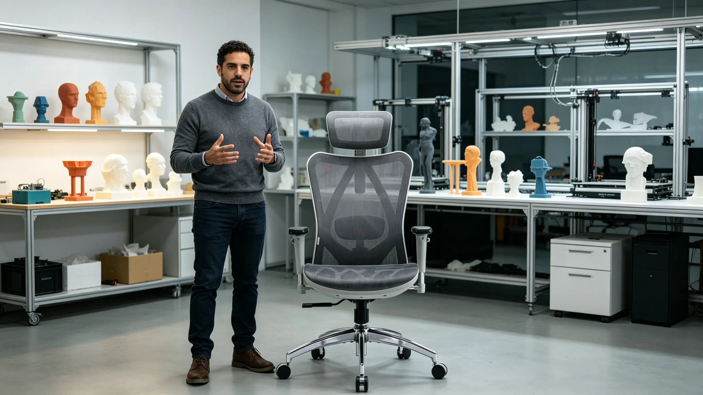 Bruno, ingeniero de fabricación aditiva de 36 años, calibrando algoritmos de segmentación tridimensional sentado en su silla de oficina ergonómica Ergo Select en Barcelona