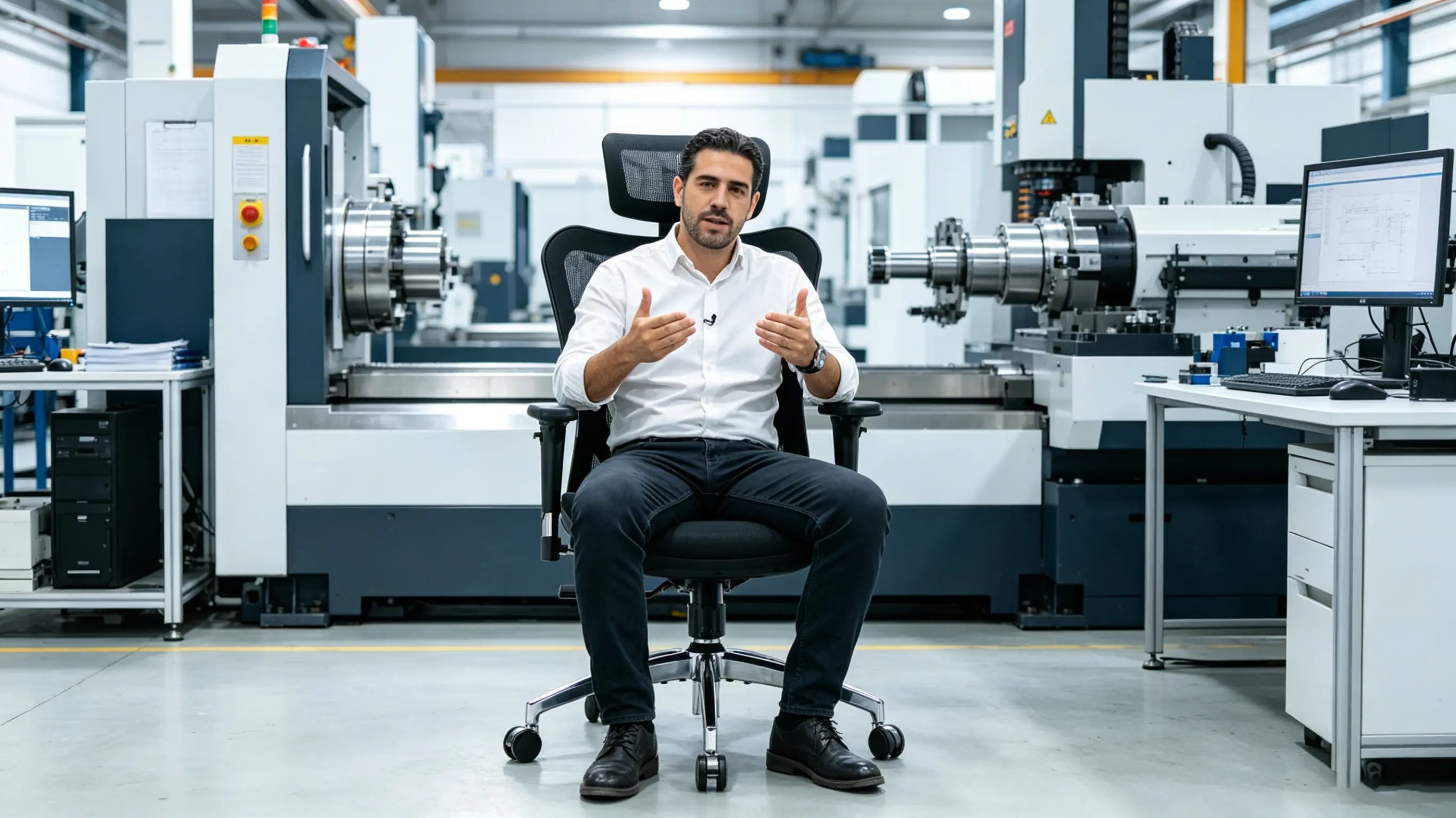 Javier, ingeniero jefe de 38 años, analizando la topología de un chasis de aluminio en su pantalla interactiva, sentado en su silla de oficina Ergo Select en Valencia.