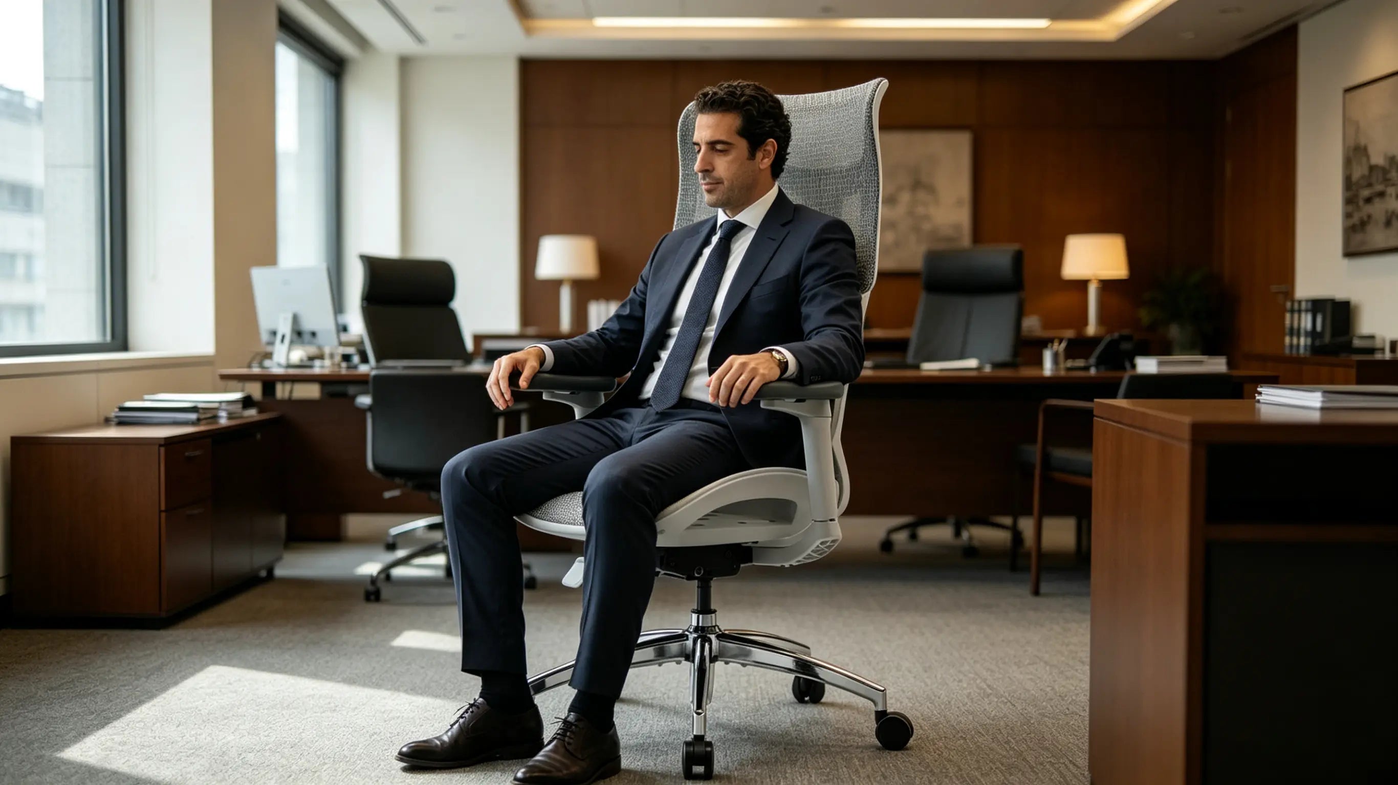 Diego analizando una comparativa de sillas de oficina ergonomicas precios para su nuevo bufete en Madrid.