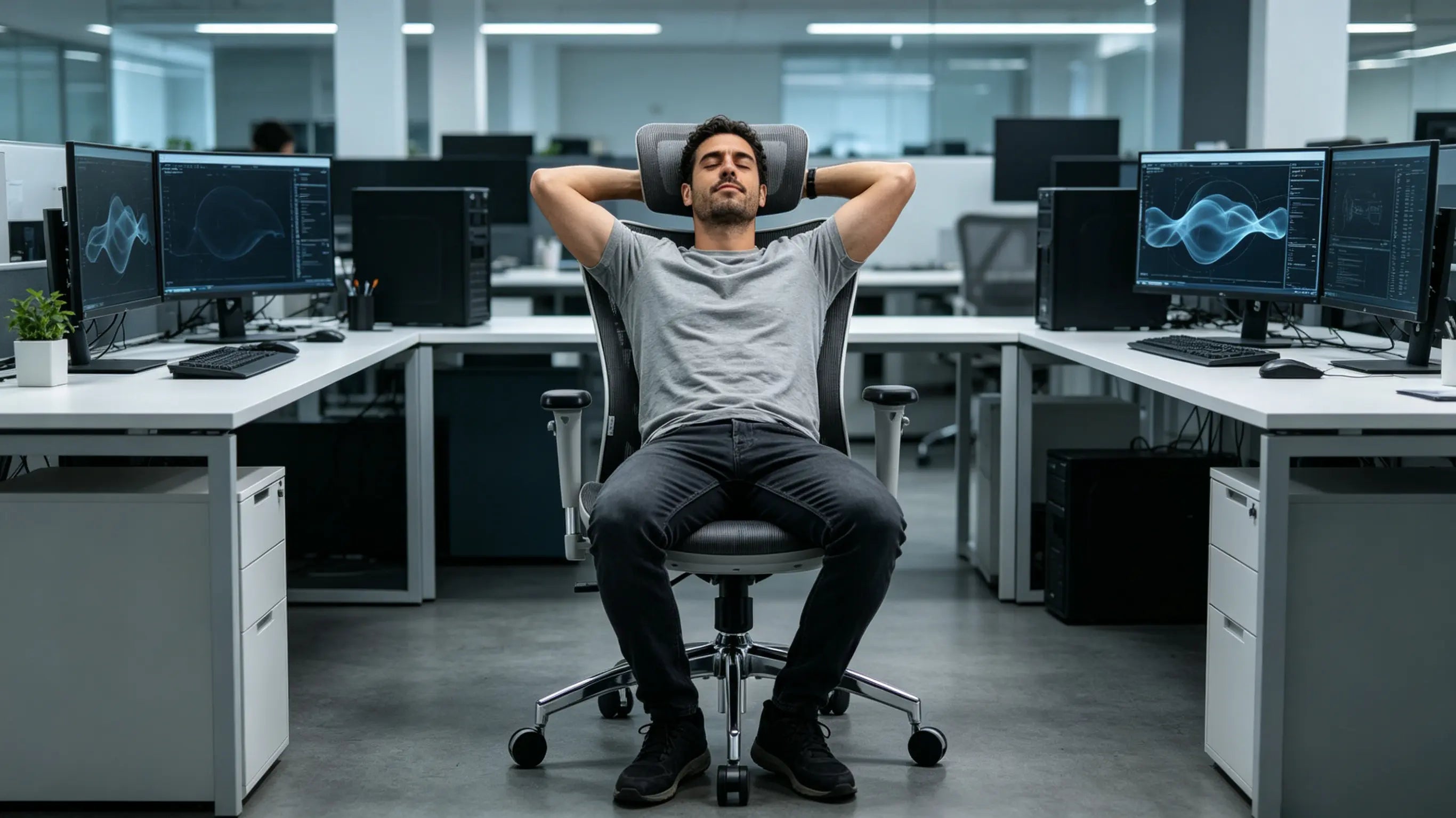 Adrián, ingeniero de simulación de 37 años, analizando redes de fluidos vectoriales sentado en su silla de oficina ergonómica Ergo Select en Madrid.