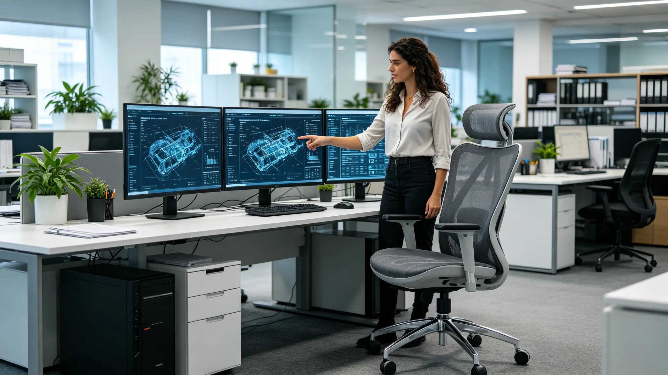 Doña Clara, ingeniera de sistemas de 33 años, ajustando modelos de simulación urbana en su silla Full Mesh de Ergo Select en su estudio de Barcelona
