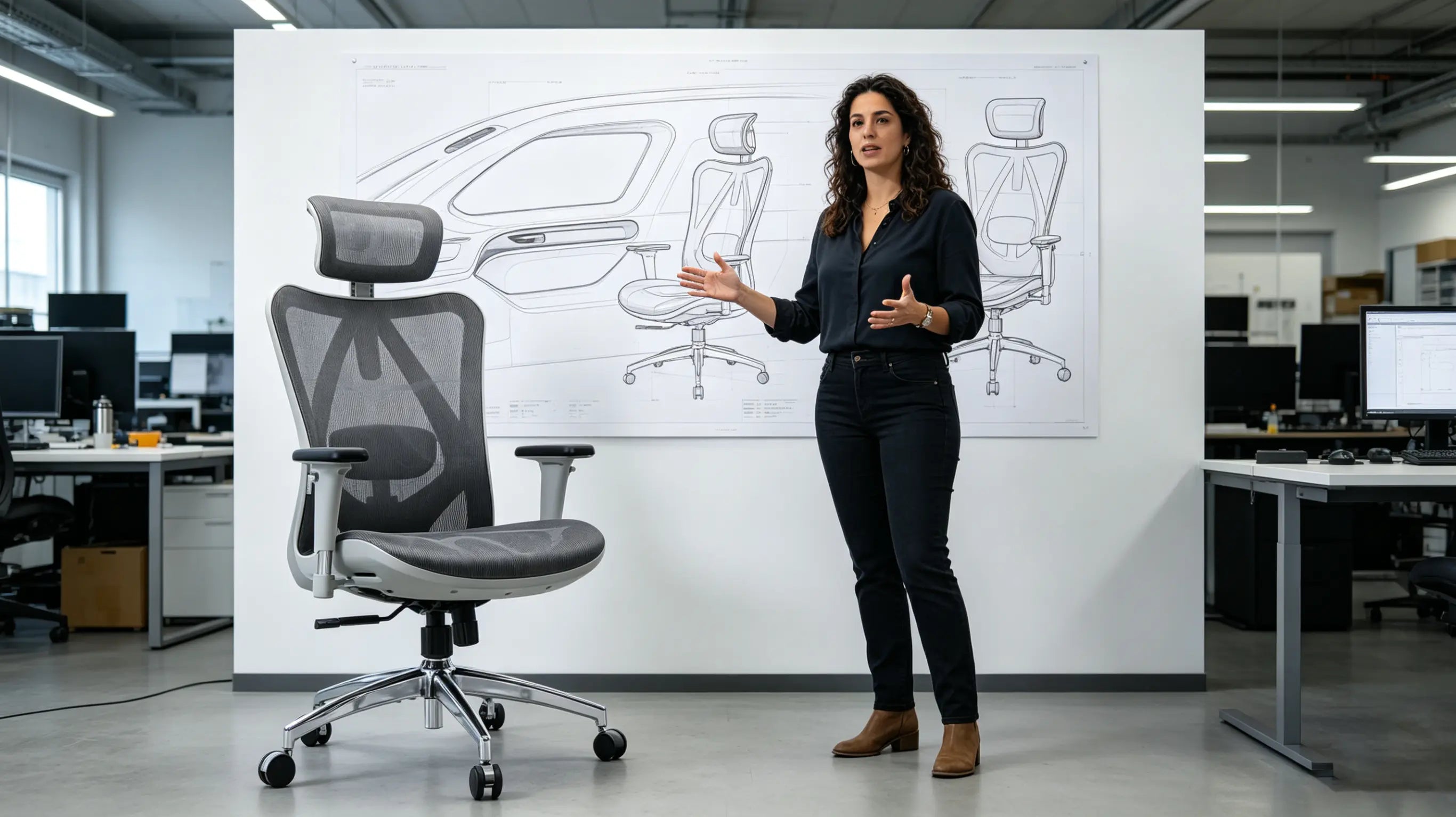 Doña Valeria, diseñadora aeronáutica de 33 años, esculpiendo curvas de cabina digital en su taller de Barcelona, sentada en su silla Full Mesh de Ergo Select.