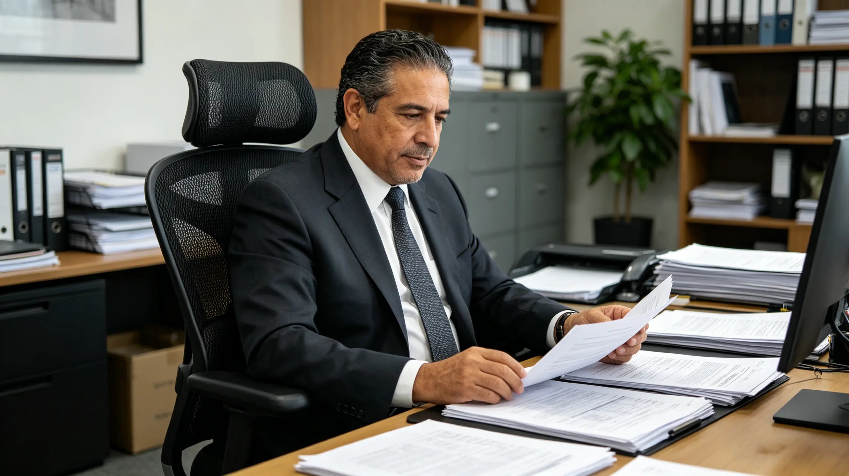 Antonio reviewing multinational tax audits while sitting on his High Back Ergonomic Mesh Task Chair in Madrid.