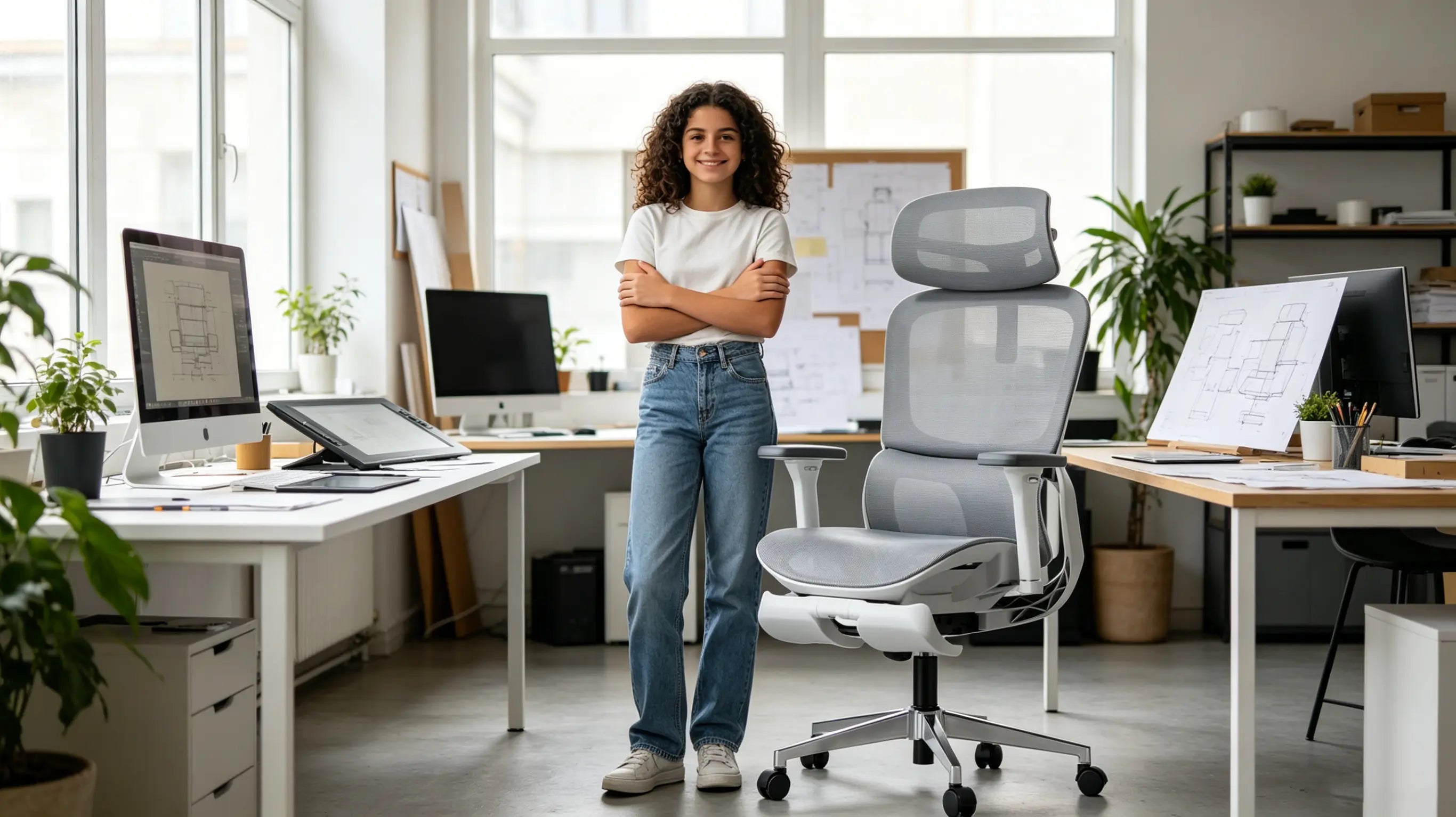 Martina, una joven diseñadora de entornos 3D de 16 años, esculpiendo maquetas digitales sentada en su silla ergonómica de oficina Ergo Select en Barcelona.