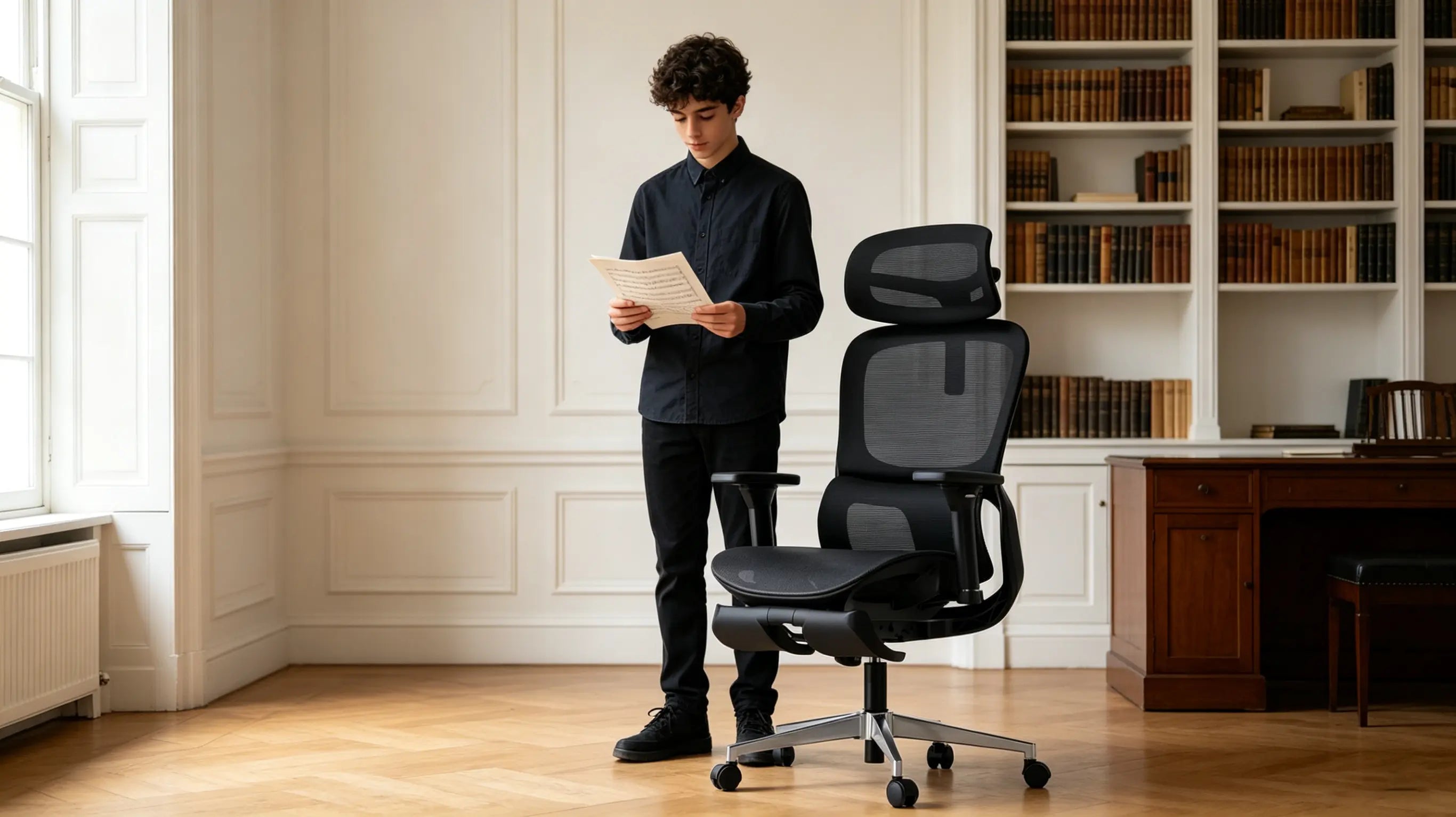 Diego, un joven estudiante y chelista de 16 años, repasando partituras en su silla ergonómica de oficina Ergo Select en su estudio de Madrid.