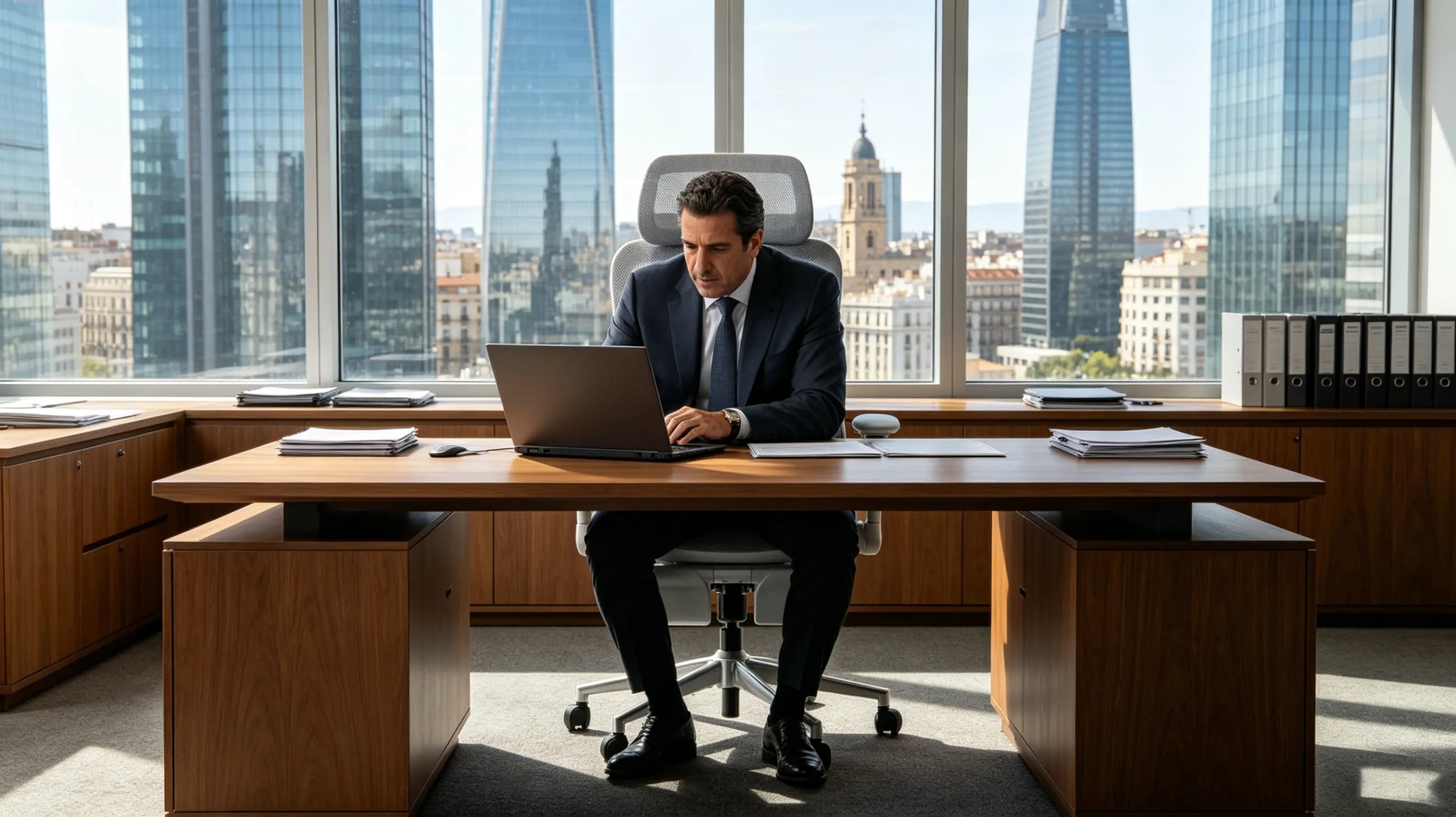 Don Santiago, socio de private equity de 47 años, evaluando modelos de valoración de empresas en su silla ergonómica de oficina Ergo Select en Madrid.