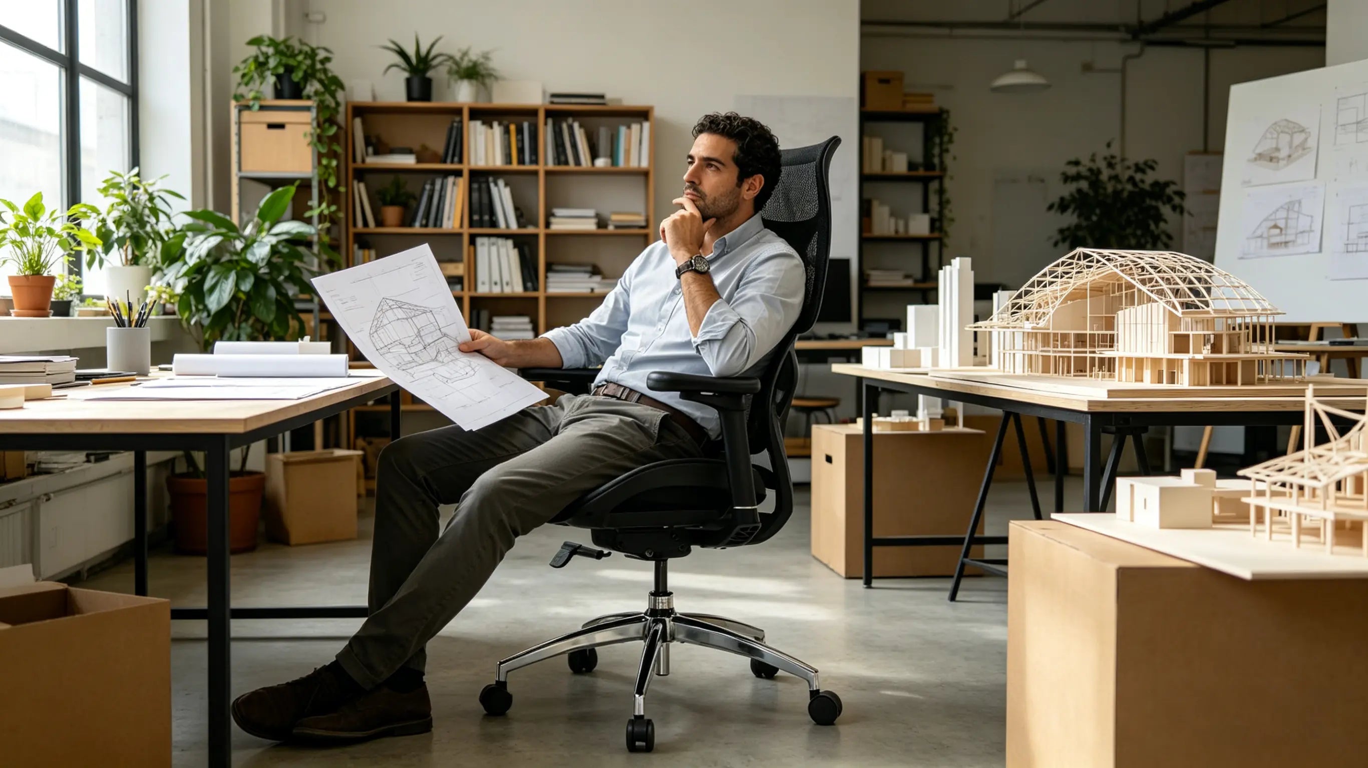 Jordi diseñando un proyecto de bioconstrucción sentado en una de sus sillas escritorio ergonomicas Ergo Select en Girona.