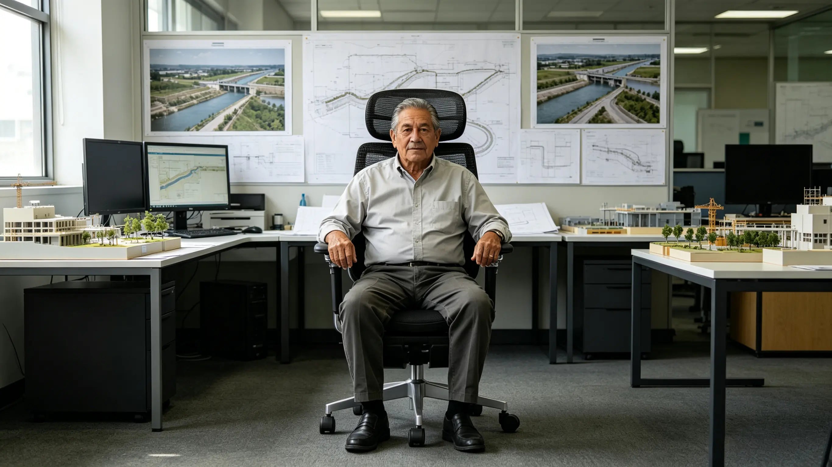 Bernat, ingeniero de 65 años, diseñando sistemas de riego sentado en su silla oficina Ergo Select en Valencia.