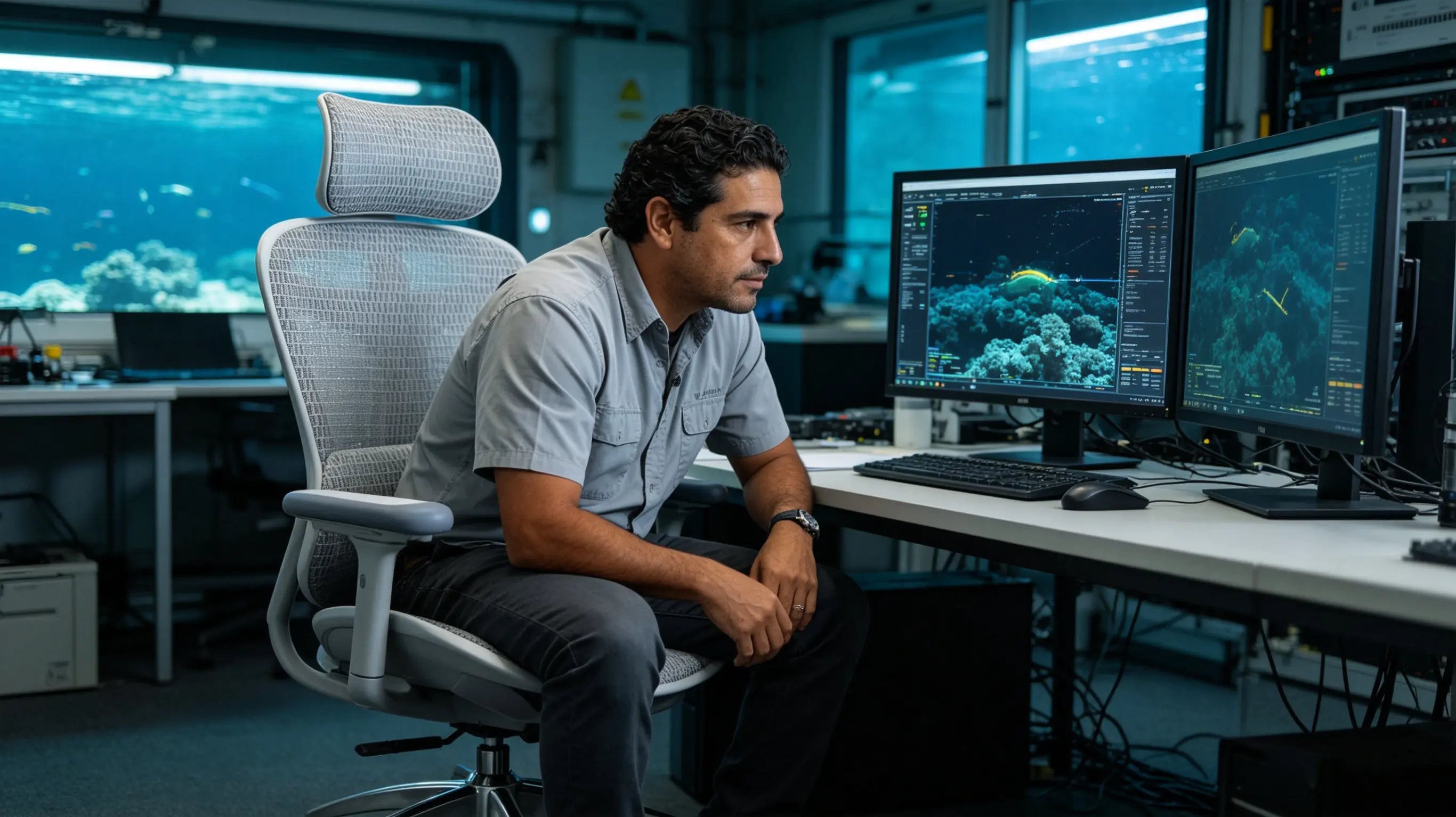 Marc analyzing underwater sonar data while sitting on his High Back Ergonomic Mesh Task Chair in Cartagena.